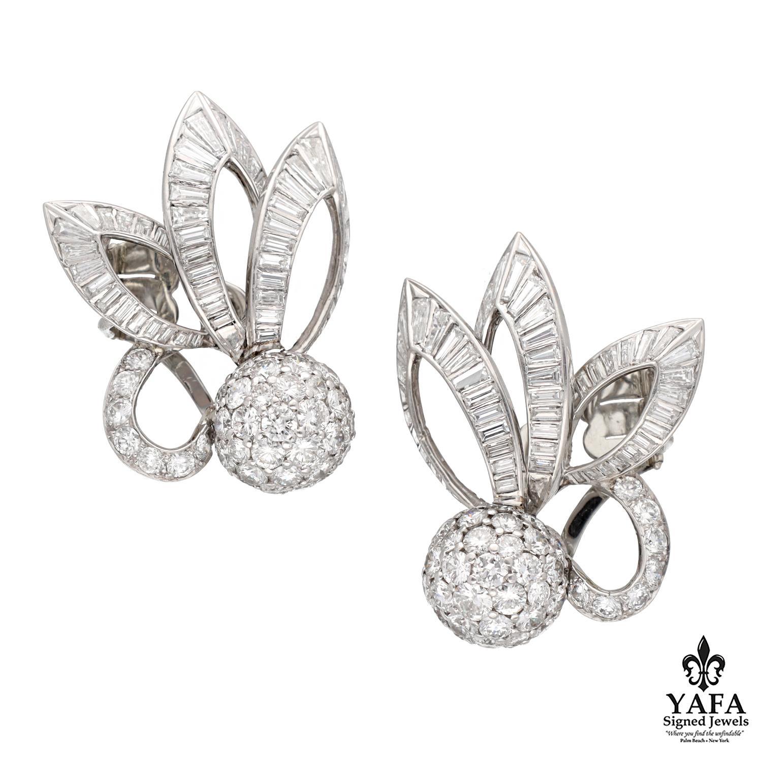 Custom Baguette Cut and Brilliant White Diamond Earrings Feathering Distinctive Petal Shape Segments that Flare From Pave Diamond Centers, Thus Delivering These Highly Stylized and Couture Earrings.
Hand Crafted in Platinum
Circa -