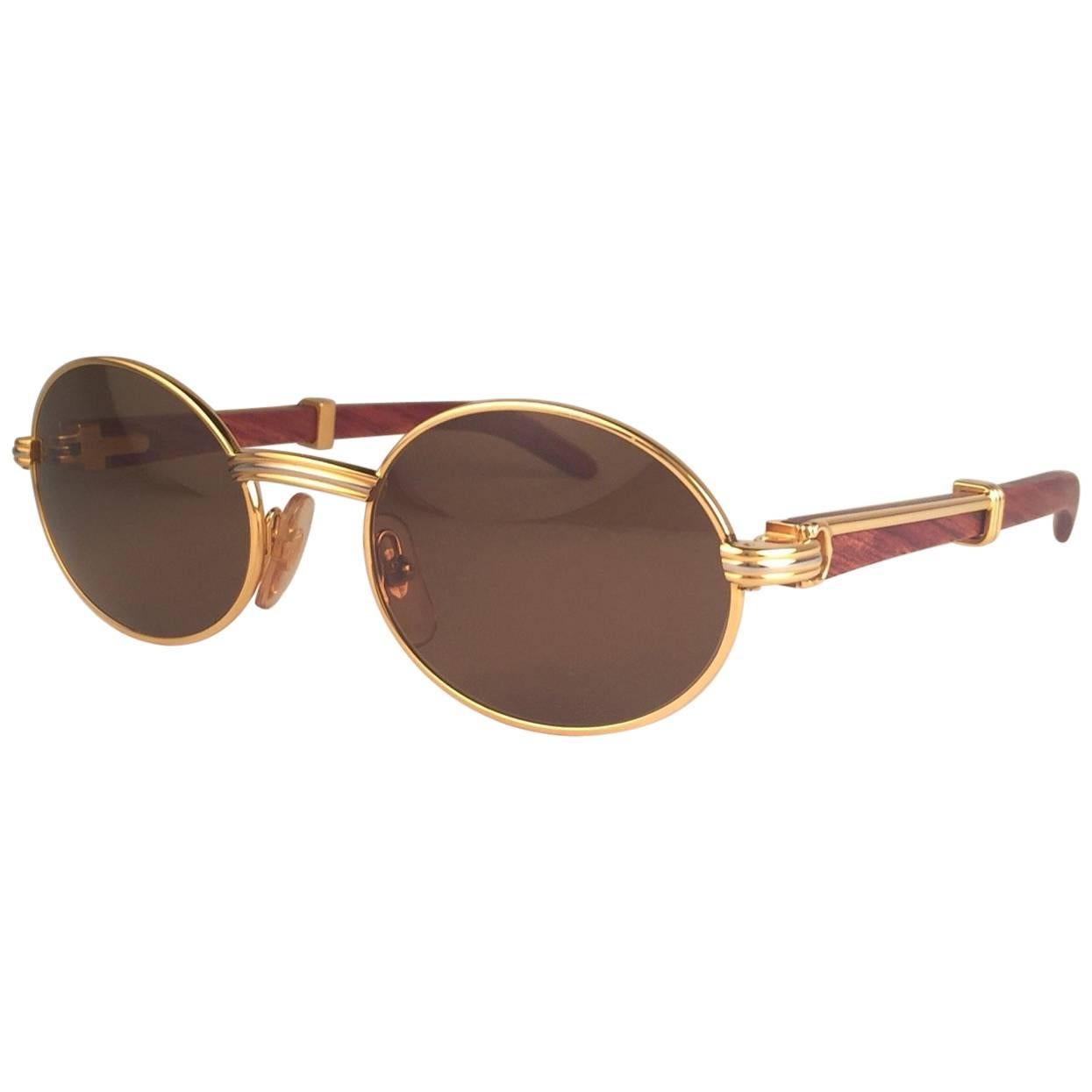 Lunettes de soleil France Cartier Sully New Gold and Wood 53/22 Full Set Brown Lens Neuf - En vente à Baleares, Baleares