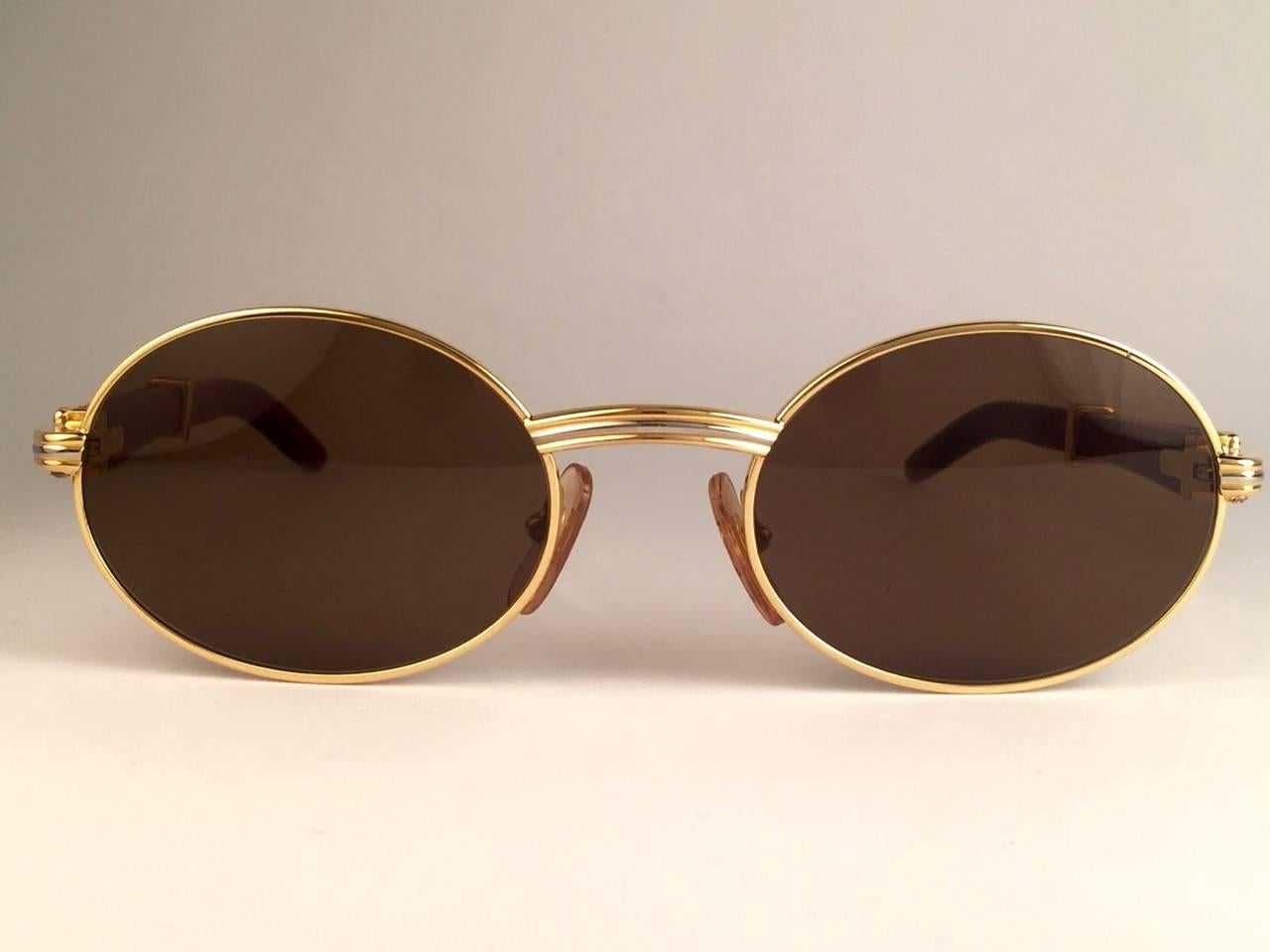 Lunettes de soleil France Cartier Sully New Gold and Wood 53/22 Full Set Brown Lens Unisexe en vente