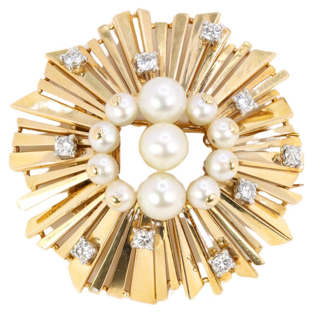 CARTIER sun brooch in gold and platinum set with pearls and diamonds  For Sale