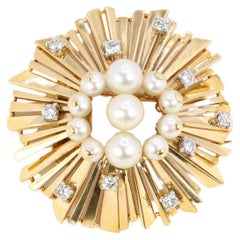 Retro CARTIER sun brooch in gold and platinum set with pearls and diamonds 