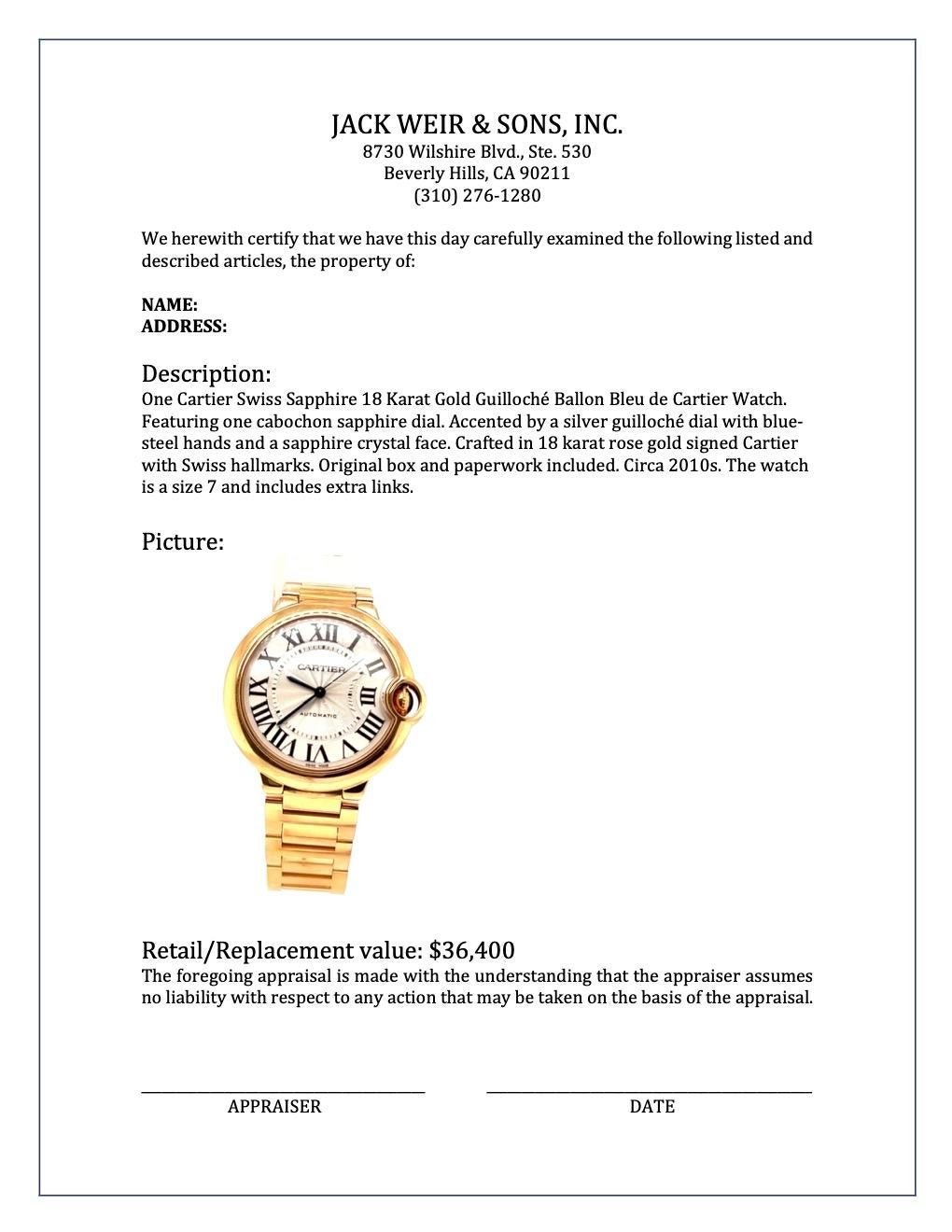 Cartier Swiss Sapphire 18 Karat Gold Guilloché Ballon Bleu De Cartier Watch In Excellent Condition In Beverly Hills, CA