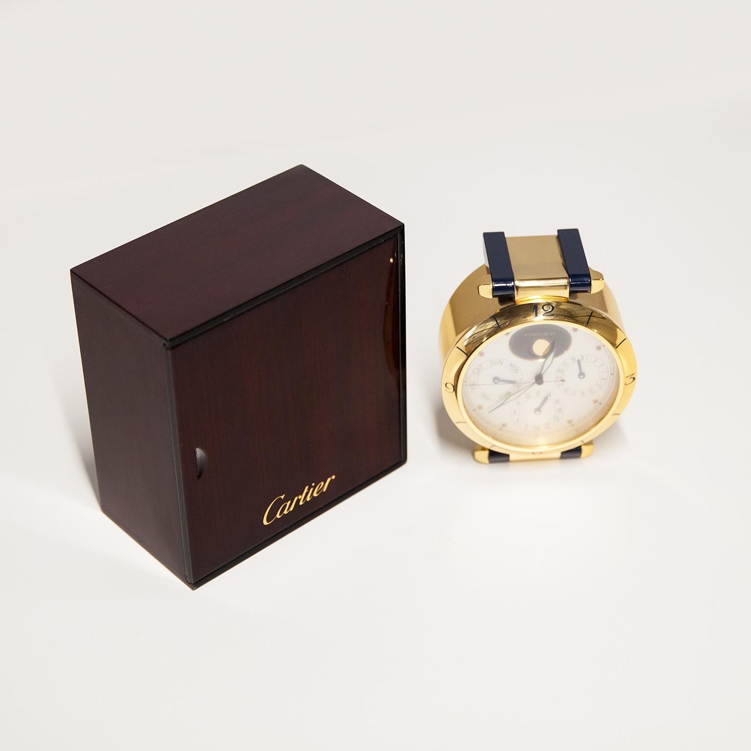 Gilt Cartier Table Clock Pasha Full Calendar Model, 1995 For Sale