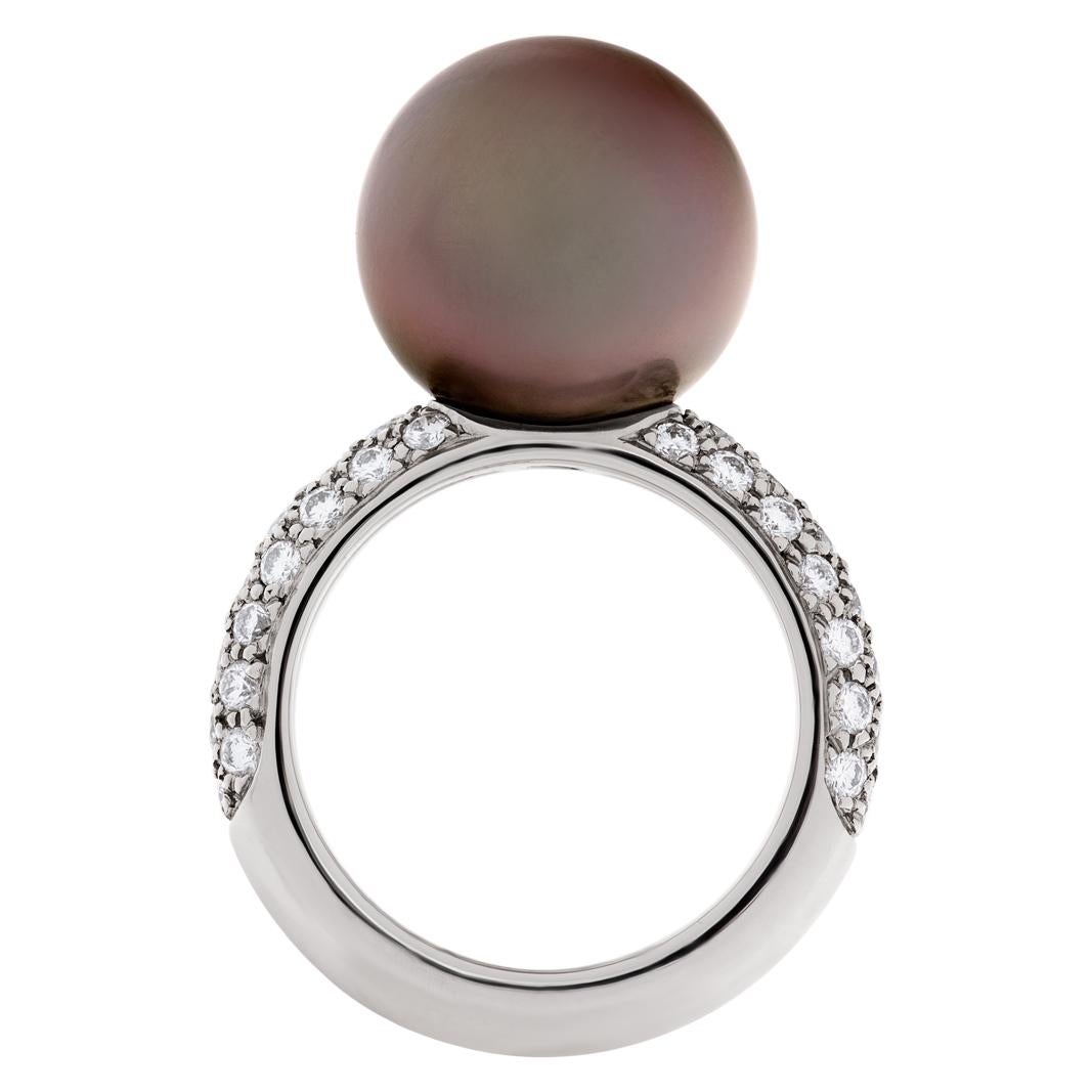 Modern Cartier Tahitian Black Pearl & Diamond Ring in 18k White Gold
