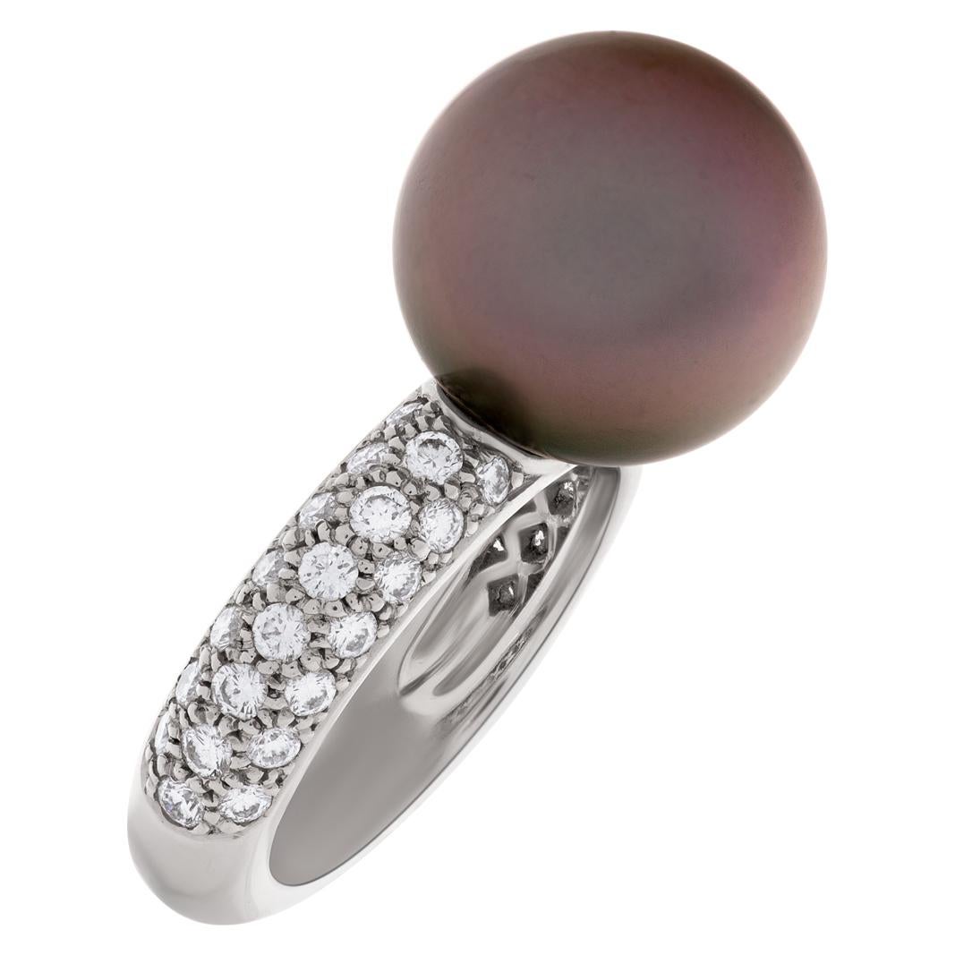 Round Cut Cartier Tahitian Black Pearl & Diamond Ring in 18k White Gold