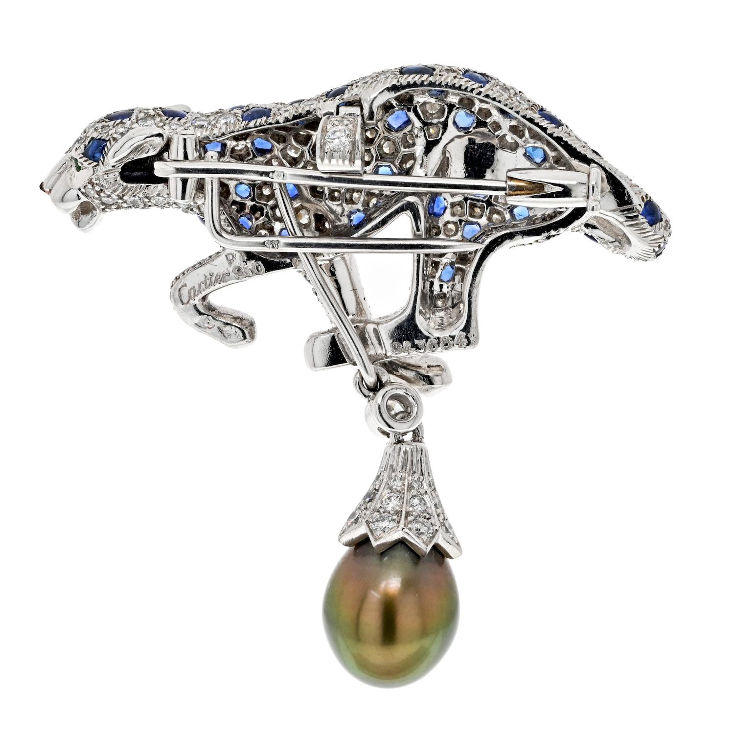 Cartier Tahitian Grey Pearl, Sapphire and Diamond Panthere Pendant/Clip Brooch For Sale 4