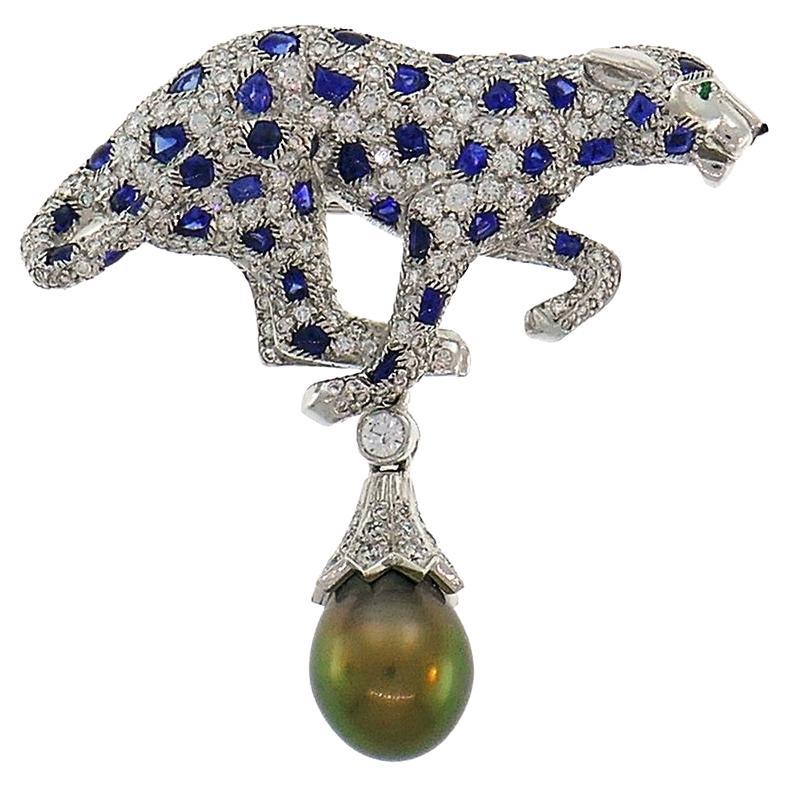 Cartier Tahitian Grey Pearl, Sapphire and Diamond Panthere Pendant/Clip Brooch