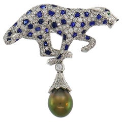 Cartier Tahitian Grey Pearl, Sapphire and Diamond Panthere Pendant/Clip Brooch