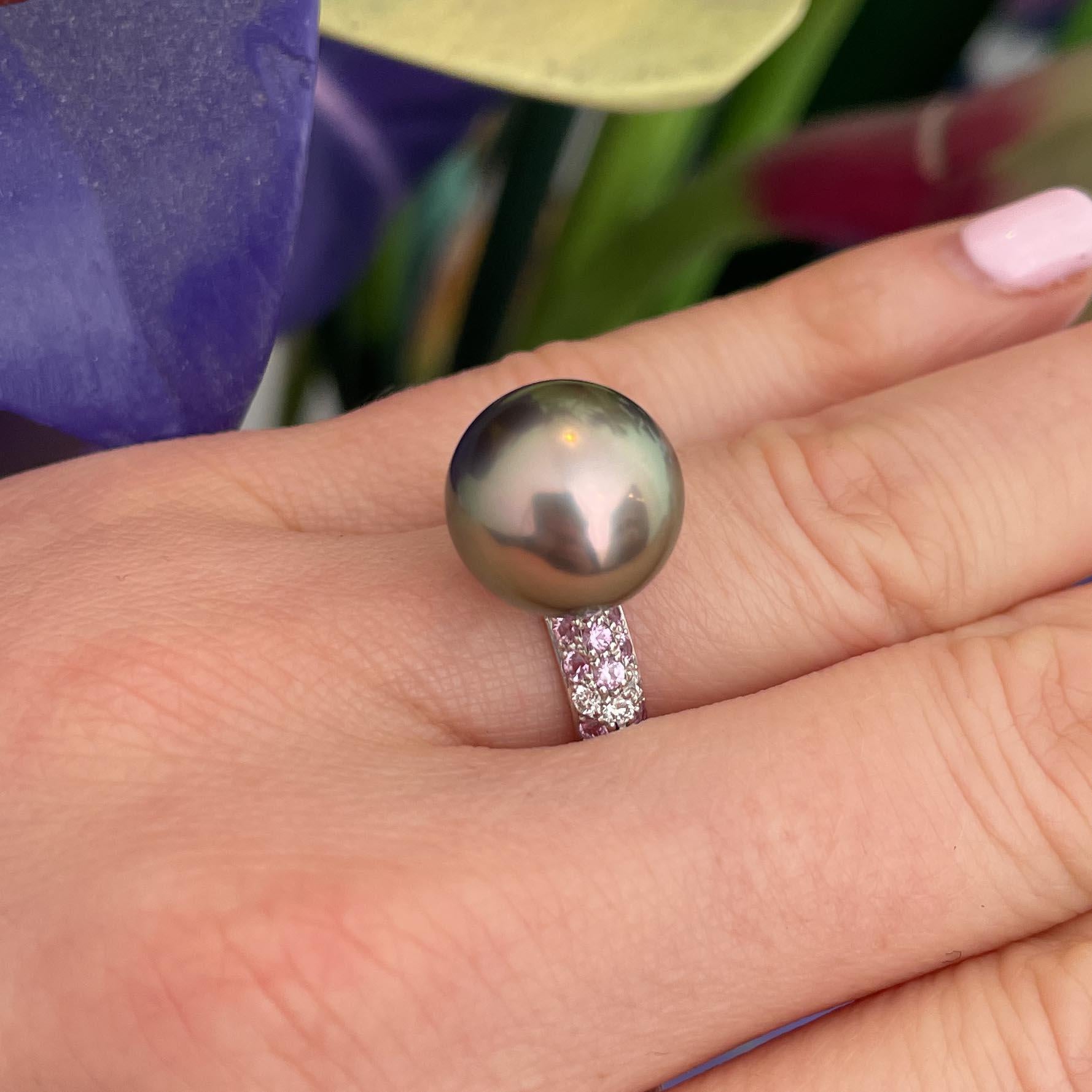 Round Cut Cartier Tahitian Pearl Diamond and Sapphire Cocktail Ring For Sale
