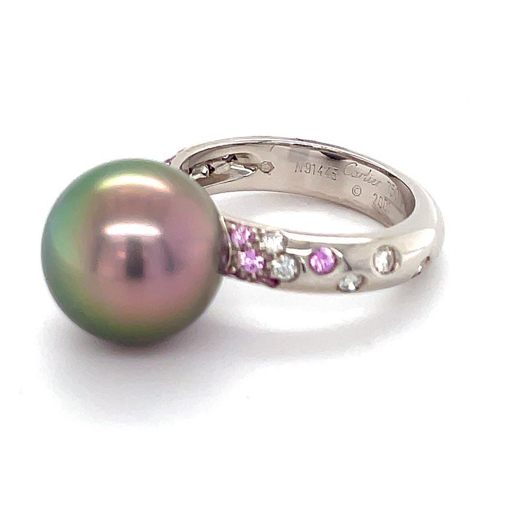 Round Cut Cartier Tahitian Pearl Diamond and Sapphire Cocktail Ring For Sale