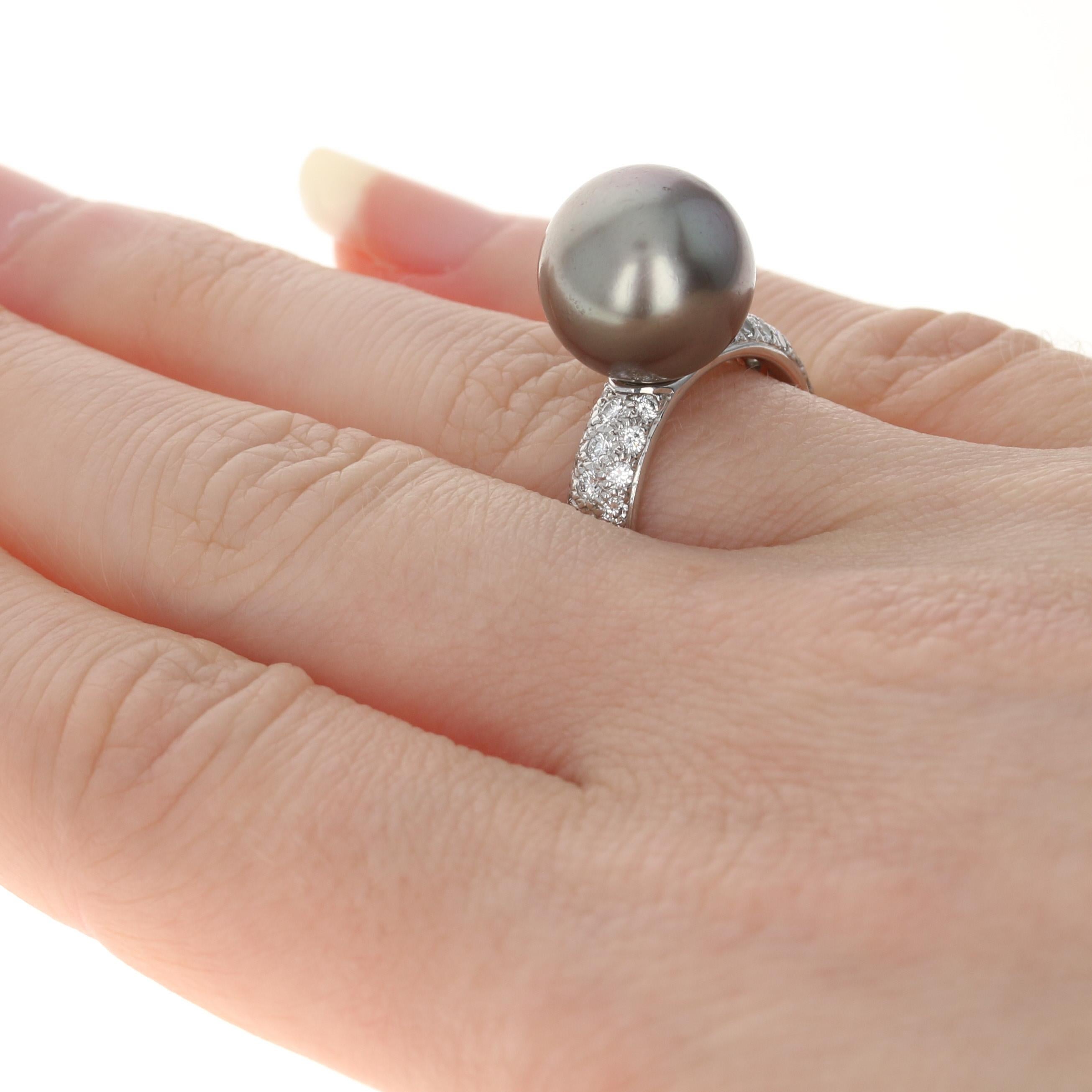Cartier Tahitian Pearl and Diamond Ring White Gold, 18 Karat Round .90 Carat In Excellent Condition In Greensboro, NC