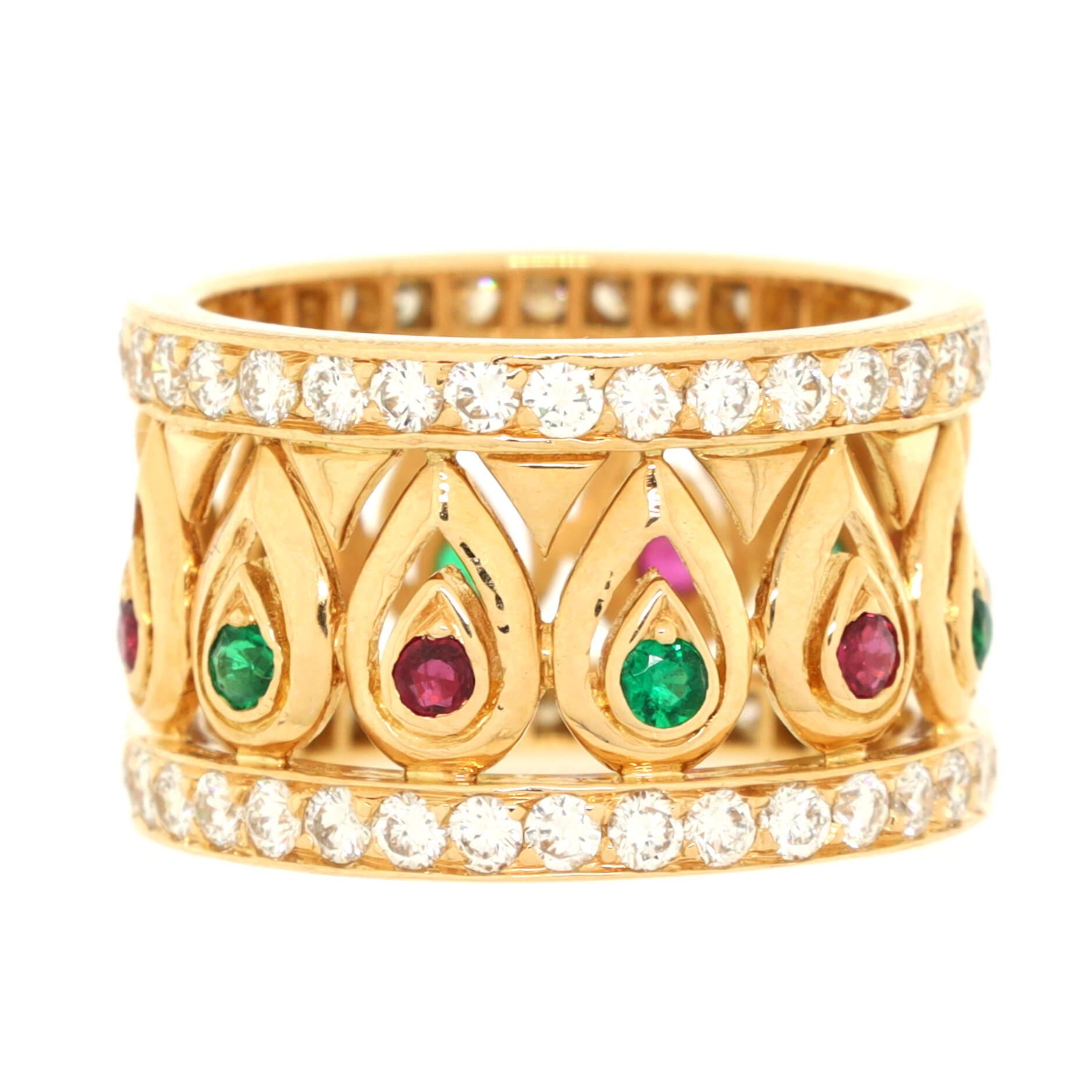 Condition: Very good. Moderate wear and re-polish throughout.
Accessories: No Accessories
Measurements: Size: 7.5 - 56, Width: 13.30 mm
Designer: Cartier
Model: Tanjore Band Ring 18K Yellow Gold with Rubies, Emeralds and Pave Diamonds
Exterior