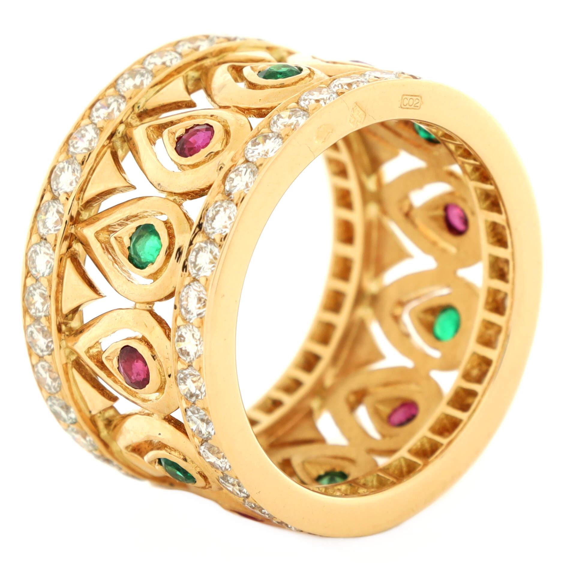 Cartier Tanjore Band Ring 18K Yellow Gold with Rubies, Emeralds and Pave In Good Condition For Sale In New York, NY