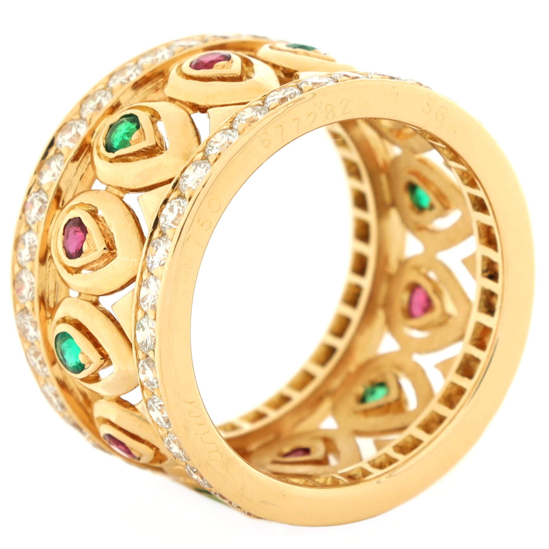 Women's or Men's Cartier Tanjore Band Ring 18K Yellow Gold with Rubies, Emeralds and Pave  For Sale