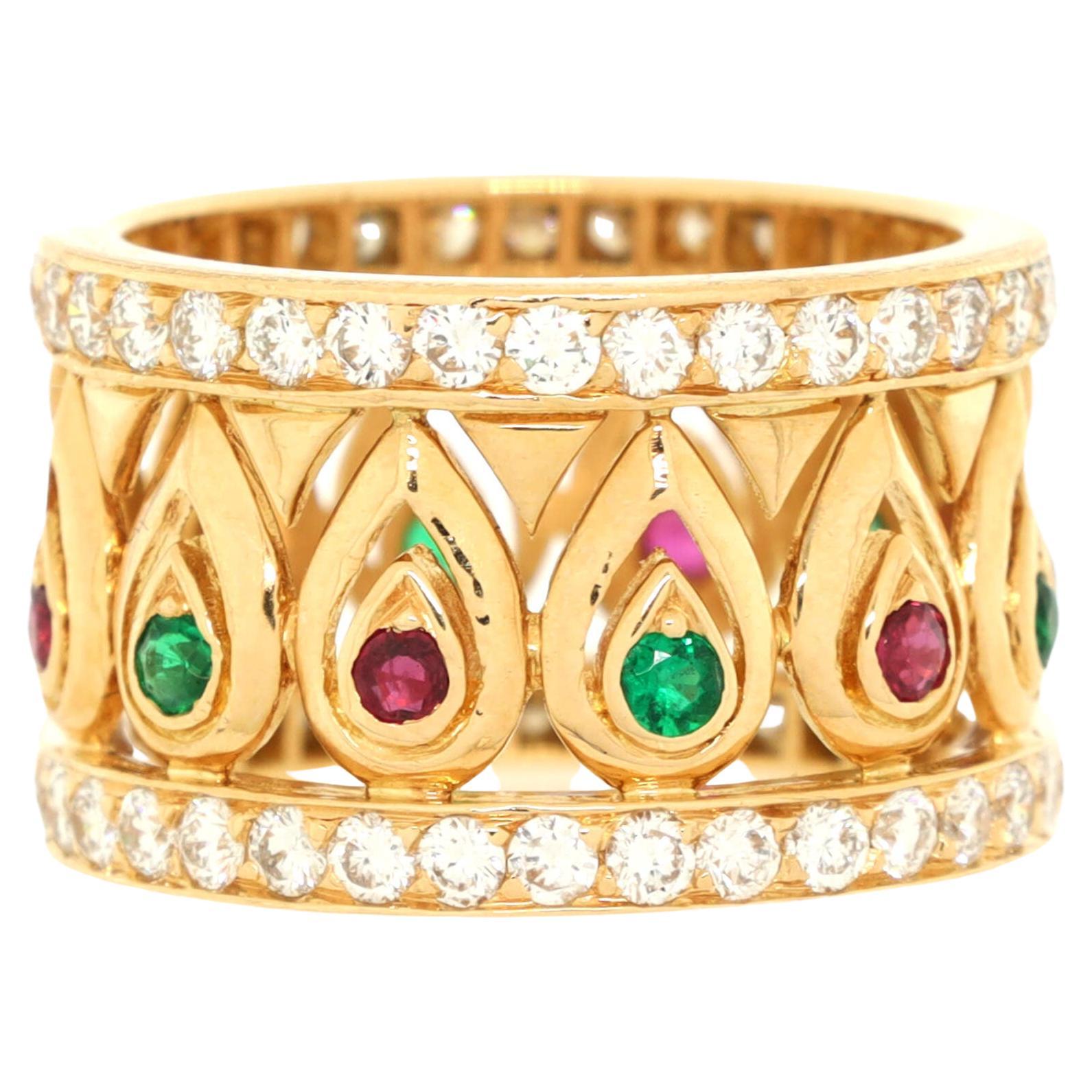 Cartier Tanjore Band Ring 18K Yellow Gold with Rubies, Emeralds and Pave  For Sale