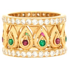 Cartier Tanjore Band Ring 18K Yellow Gold with Rubies, Emeralds and Pave 