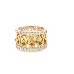 Cartier Tanjore Band Ring in 18K Gold with Diamonds, Rubies, and Emeralds 1980's