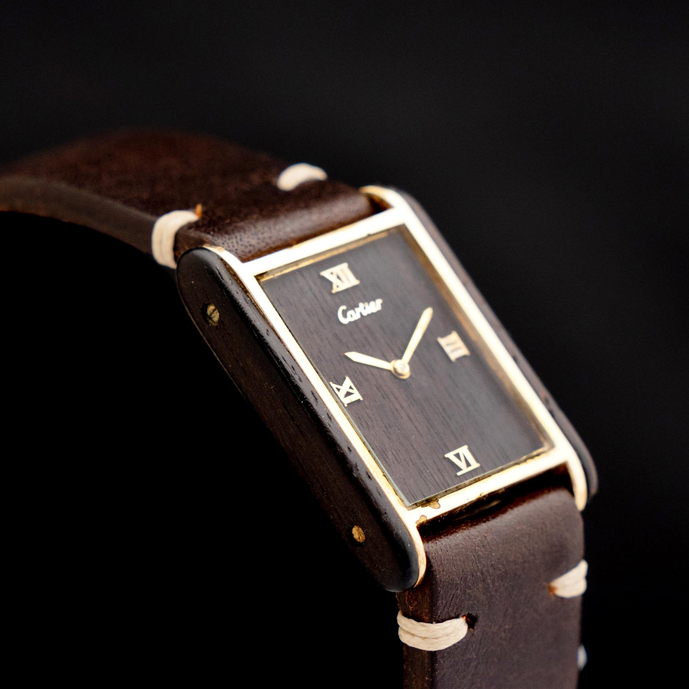 Cartier Tank 18K Electroplated Must de Cartier Wood Dial Mechanical Watch 1975's In Good Condition For Sale In Central & Western District, HK