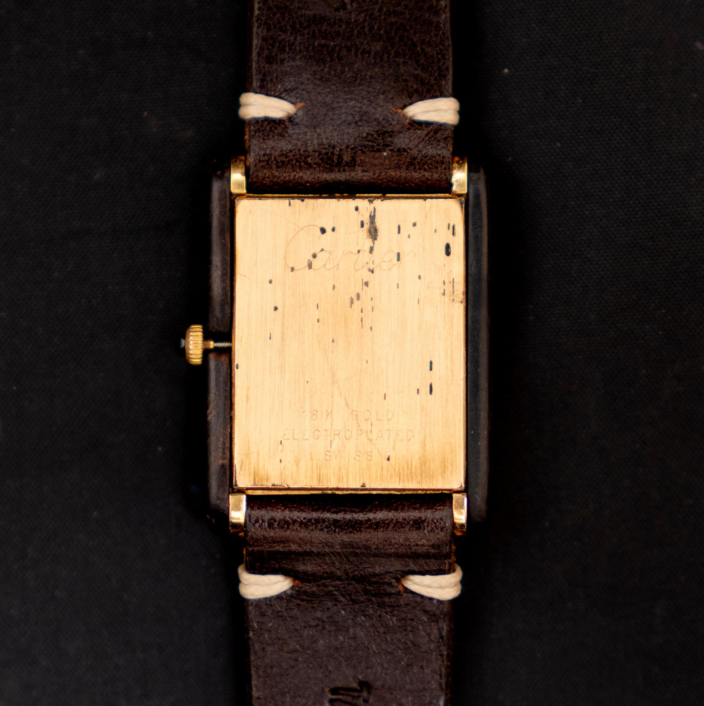 Cartier Tank 18K Electroplated Must de Cartier Holz Zifferblatt mechanische Uhr 1975's im Angebot 1