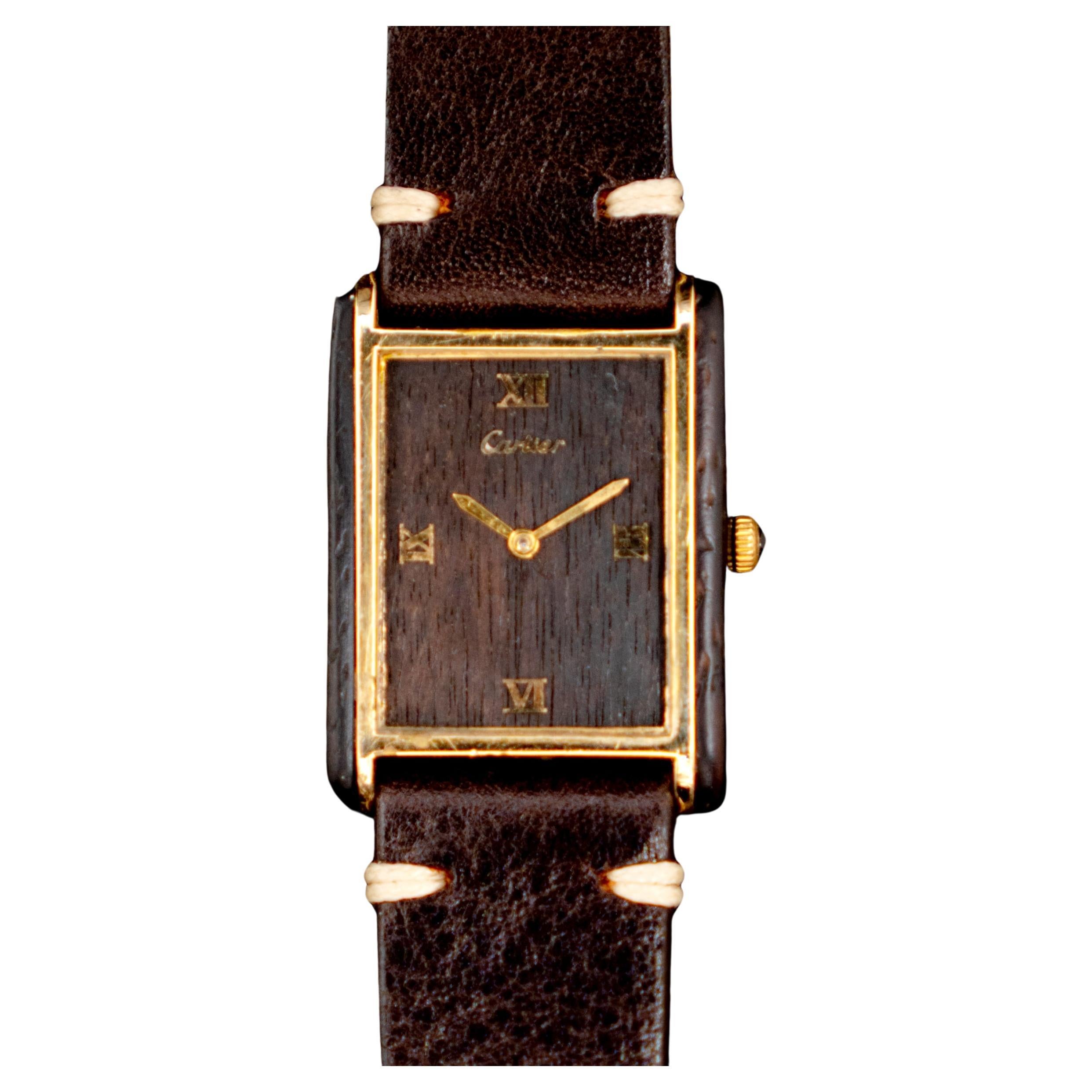 Cartier Tank 18K Electroplated Must de Cartier Wood Dial Mechanical Watch 1975's For Sale