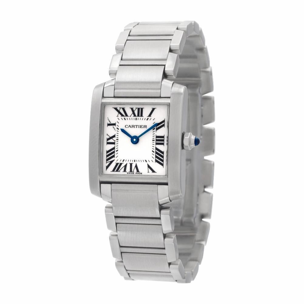 Ladies Cartier Tank in stainless steel. Quartz. Ref WSTA0005. Fine Pre-owned Cartier Watch. Certified preowned Classic Cartier Tank W51008Q3 watch is made out of Stainless steel on a Stainless Steel bracelet with a Stainless Steel Hidden buckle.