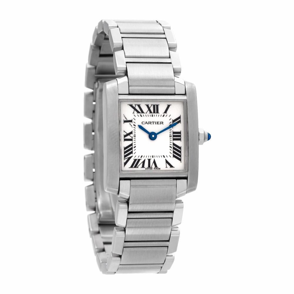 Cartier Tank 2384 Stainless Steel White Dial Quartz Watch In Excellent Condition In Miami, FL