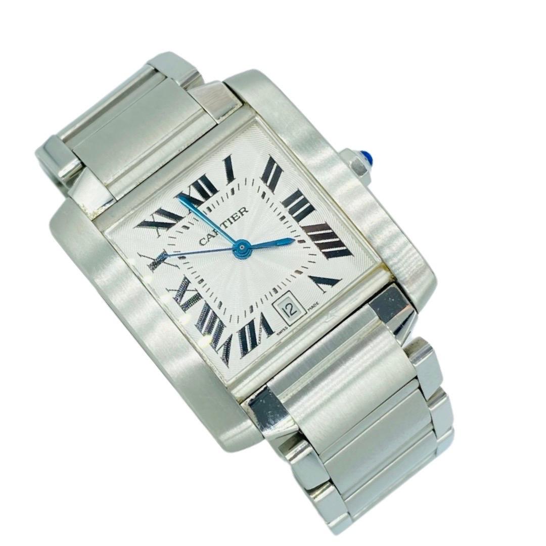 Cartier Tank Francaise 28mm Automatic Stainless Steel 2302

Considered a Mid Size Men’s watch. The watch fits up to a 6.5 inch wrist.

This Cartier Tank Francaise Chronograph features a 28mm x 36mm white roman numeral dial with blue hands and a