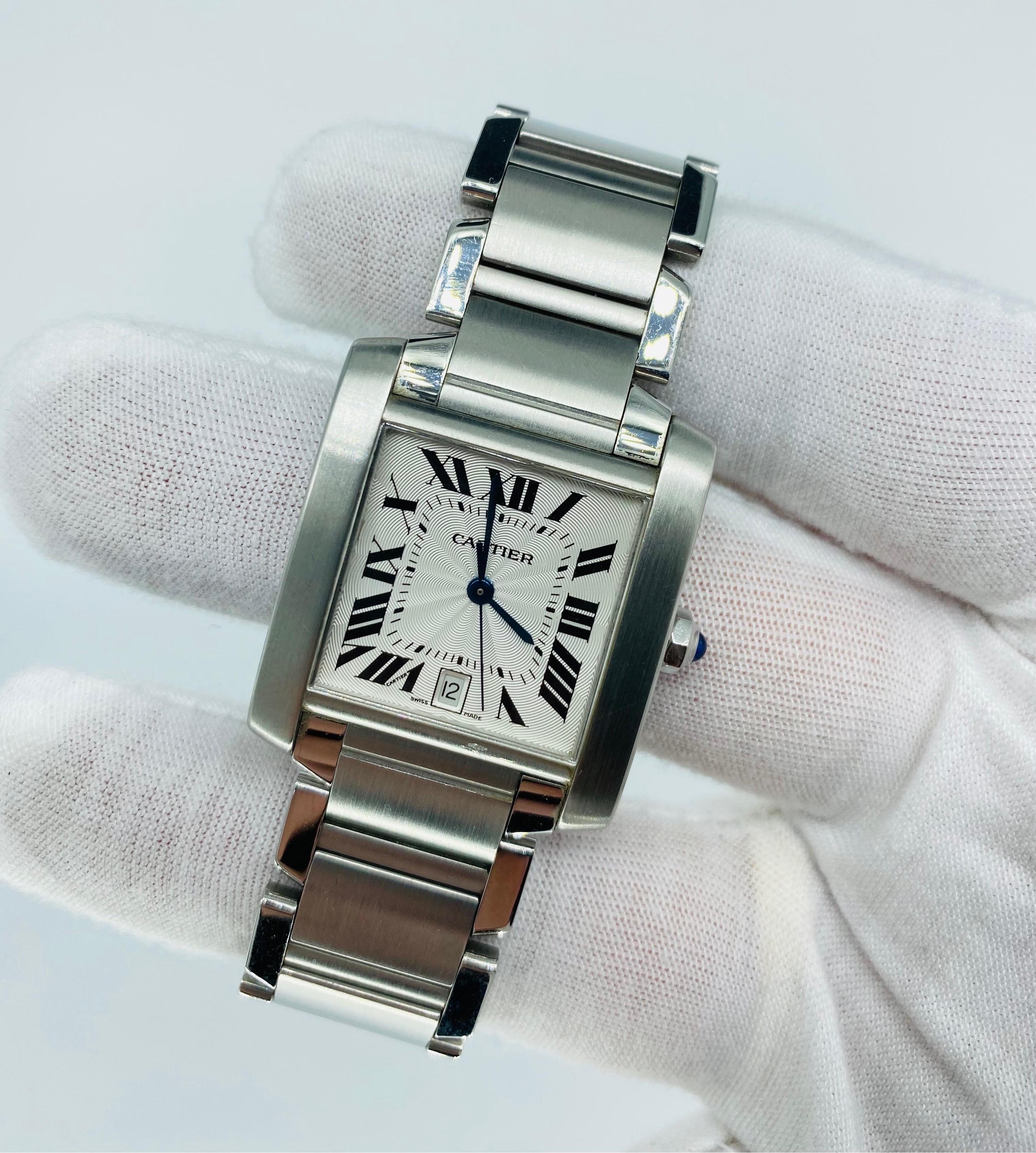 Cartier Tank 28mm Automatic Francaise with Date Stainless Steel Watch For Sale 1