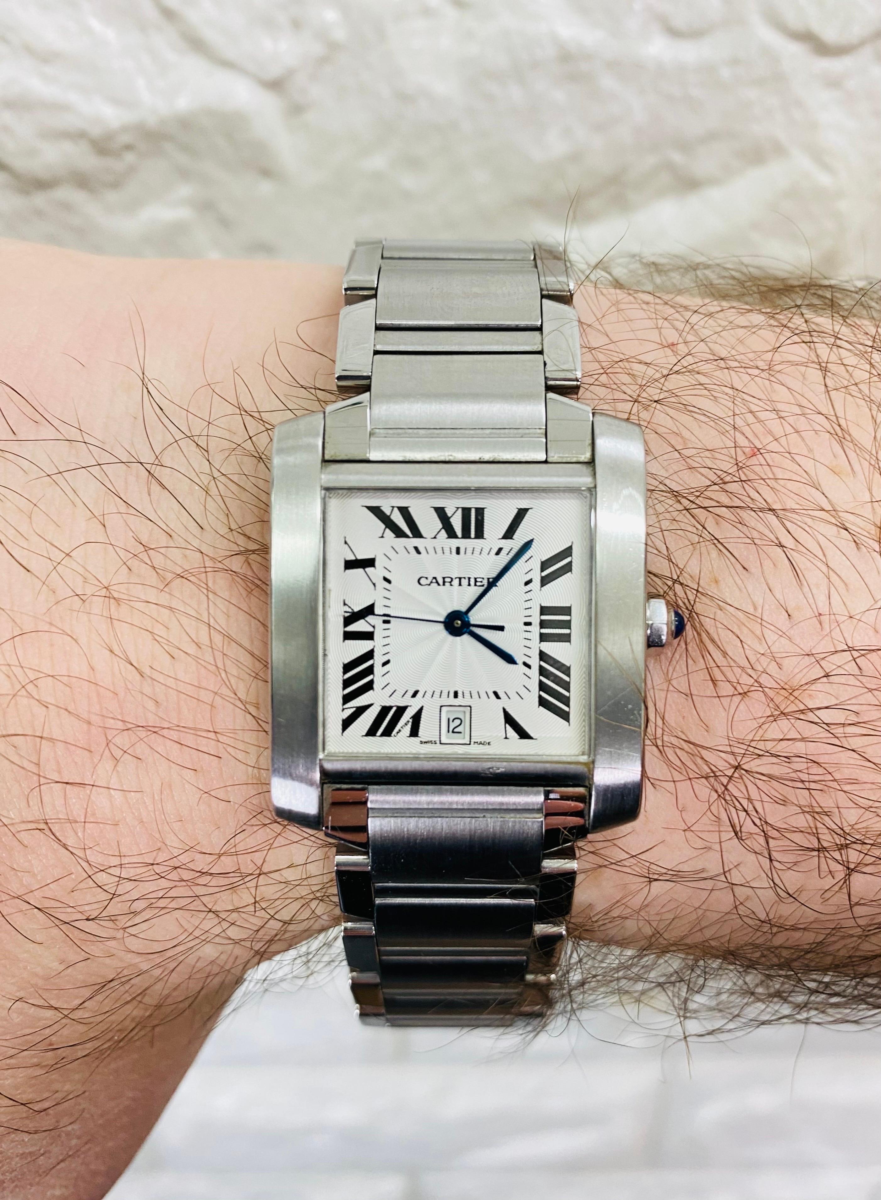 Cartier Tank 28mm Automatic Francaise with Date Stainless Steel Watch For Sale 2