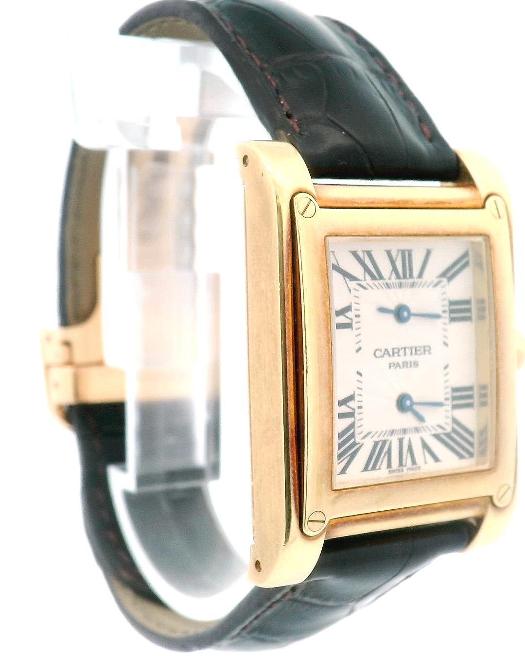 Cartier Tank a Vis W1534251- 18K Yellow Gold 2-Time Zone Watch In Excellent Condition For Sale In Great Neck Plaza, NY