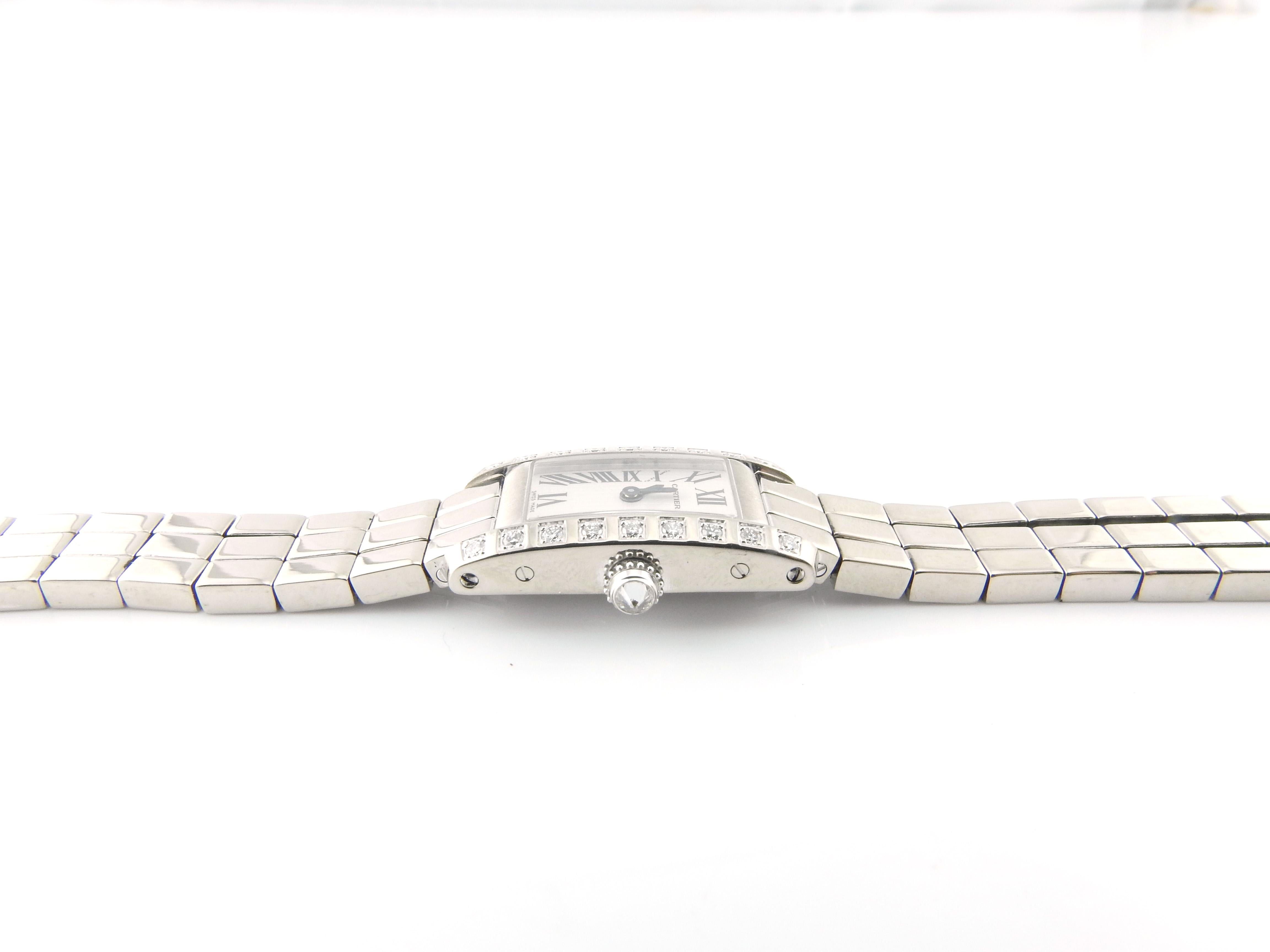 Round Cut Cartier Tank Allongee Lanieres 2544 18 Karat White Gold Diamond Ladies Watch Box