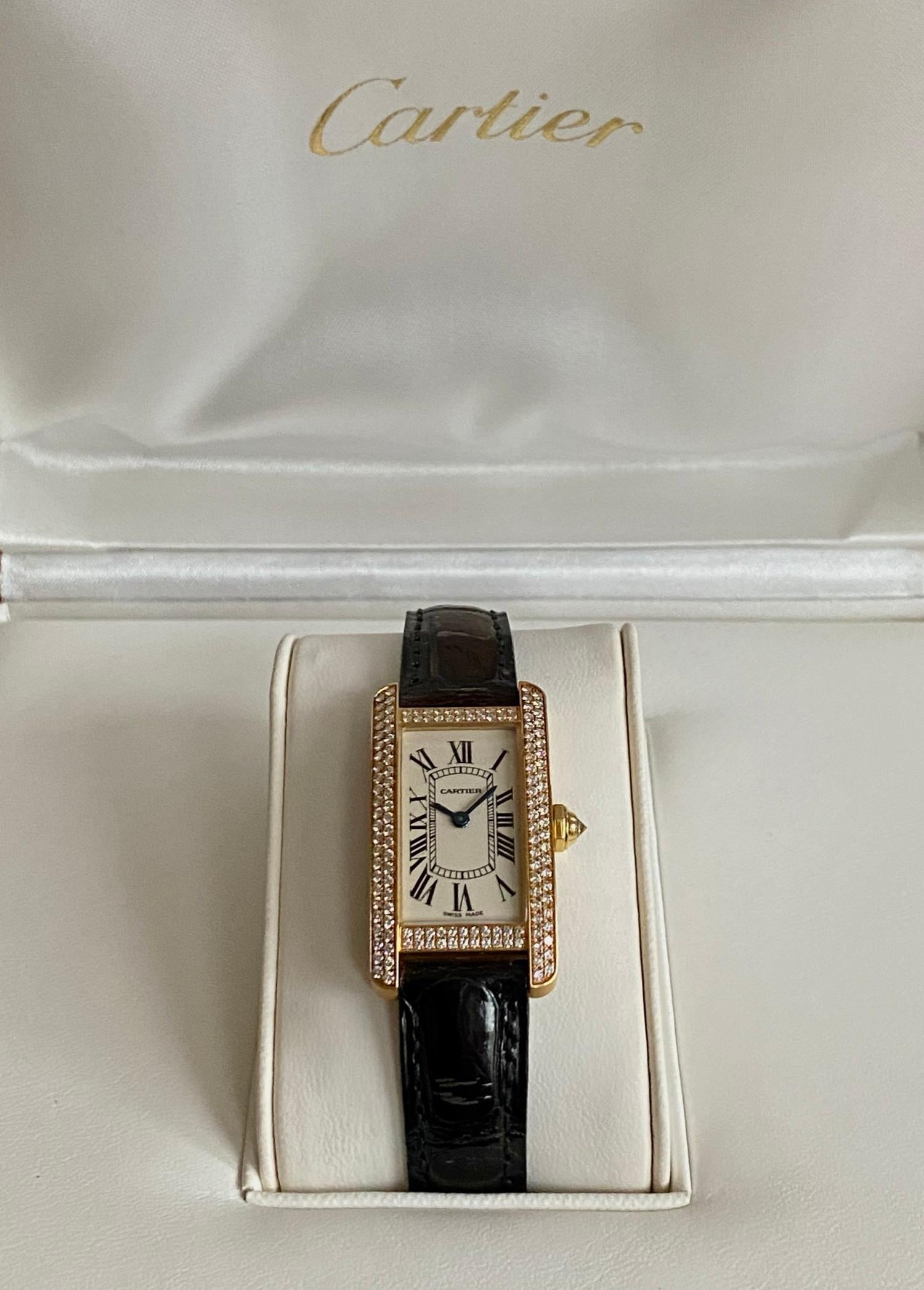 Women's or Men's Cartier, Tank American Diamonds, Yellow Gold, Leather Strap, WB705631