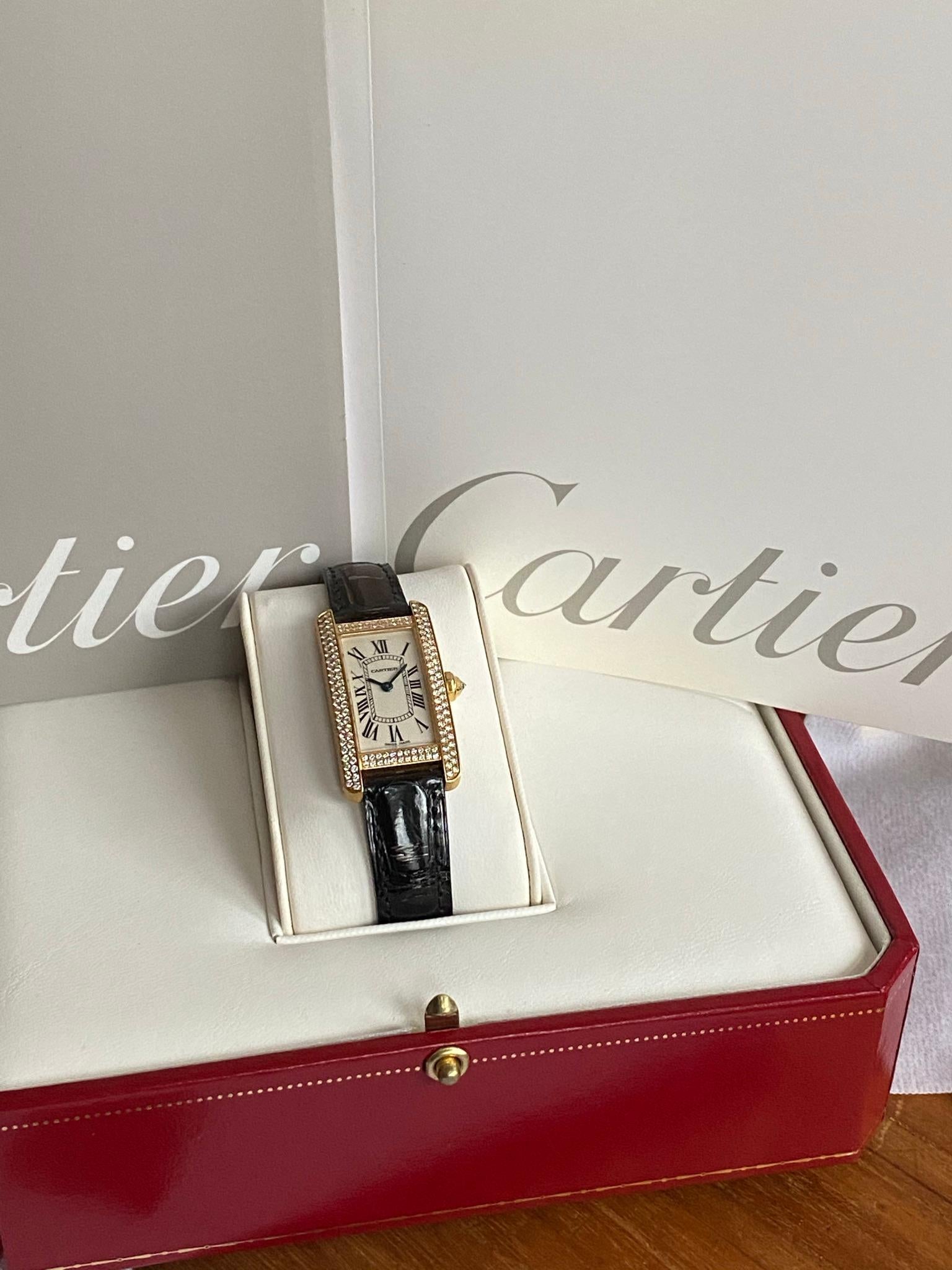 Cartier, Tank American Diamonds, Yellow Gold, Leather Strap, WB705631 1