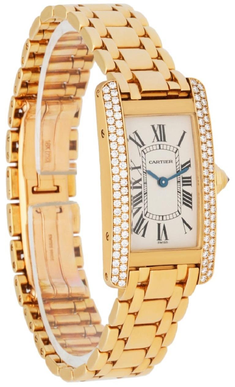 Cartier Tank Americaine 1710 18K Yellow Gold Diamond Bezel Ladies Watch In Excellent Condition In Great Neck, NY