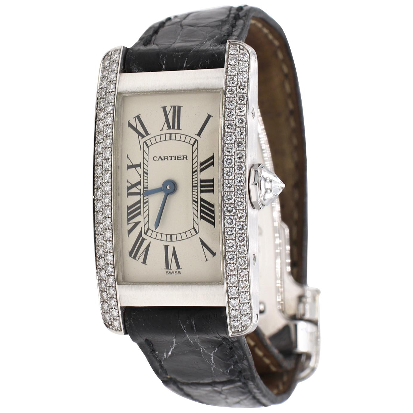 Cartier Tank Americaine 1713 18 Karat White Gold Diamond Leather Strap Watch