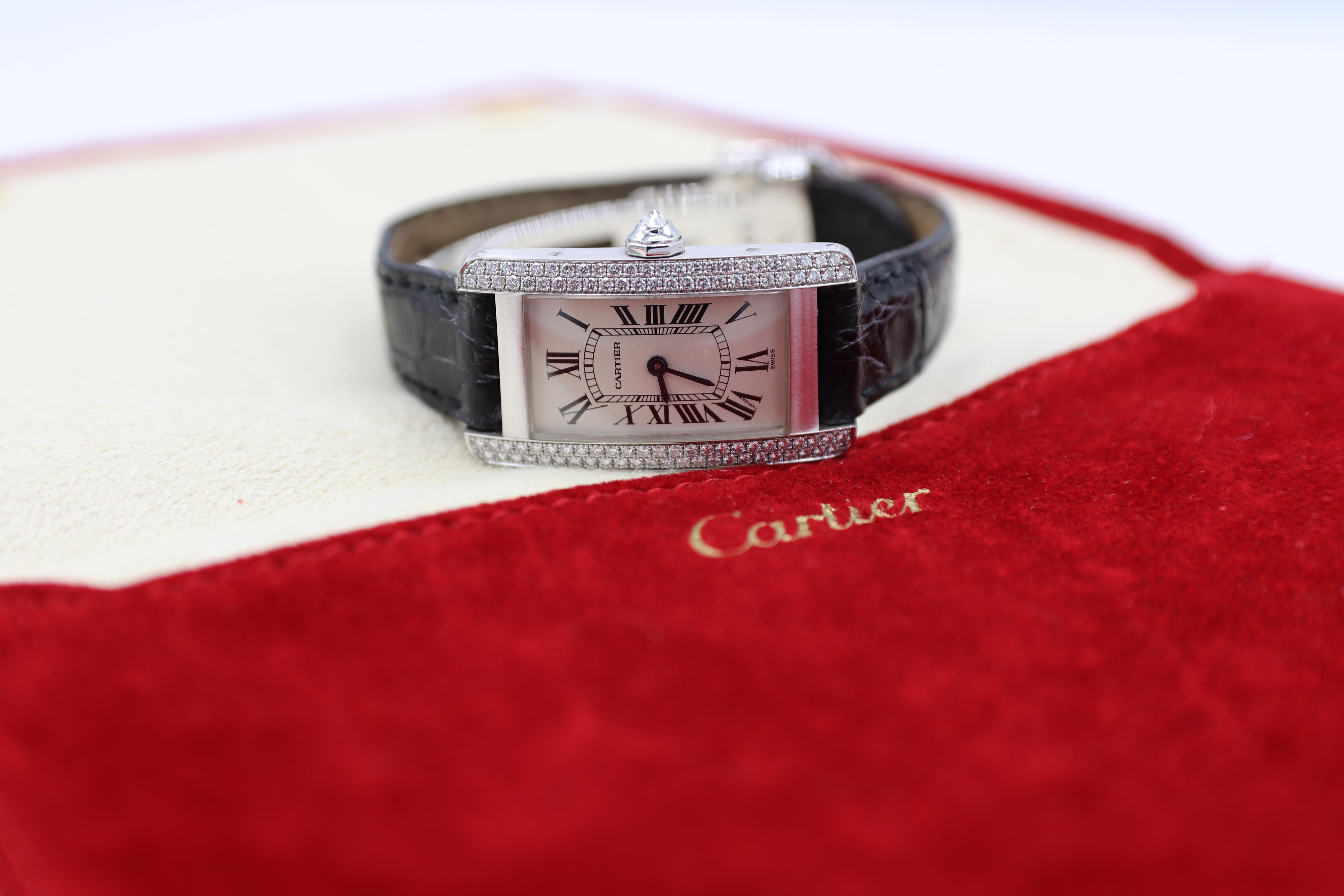 Cartier Tank Americaine 1713 18 Karat White Gold Diamond Leather Strap Watch 2