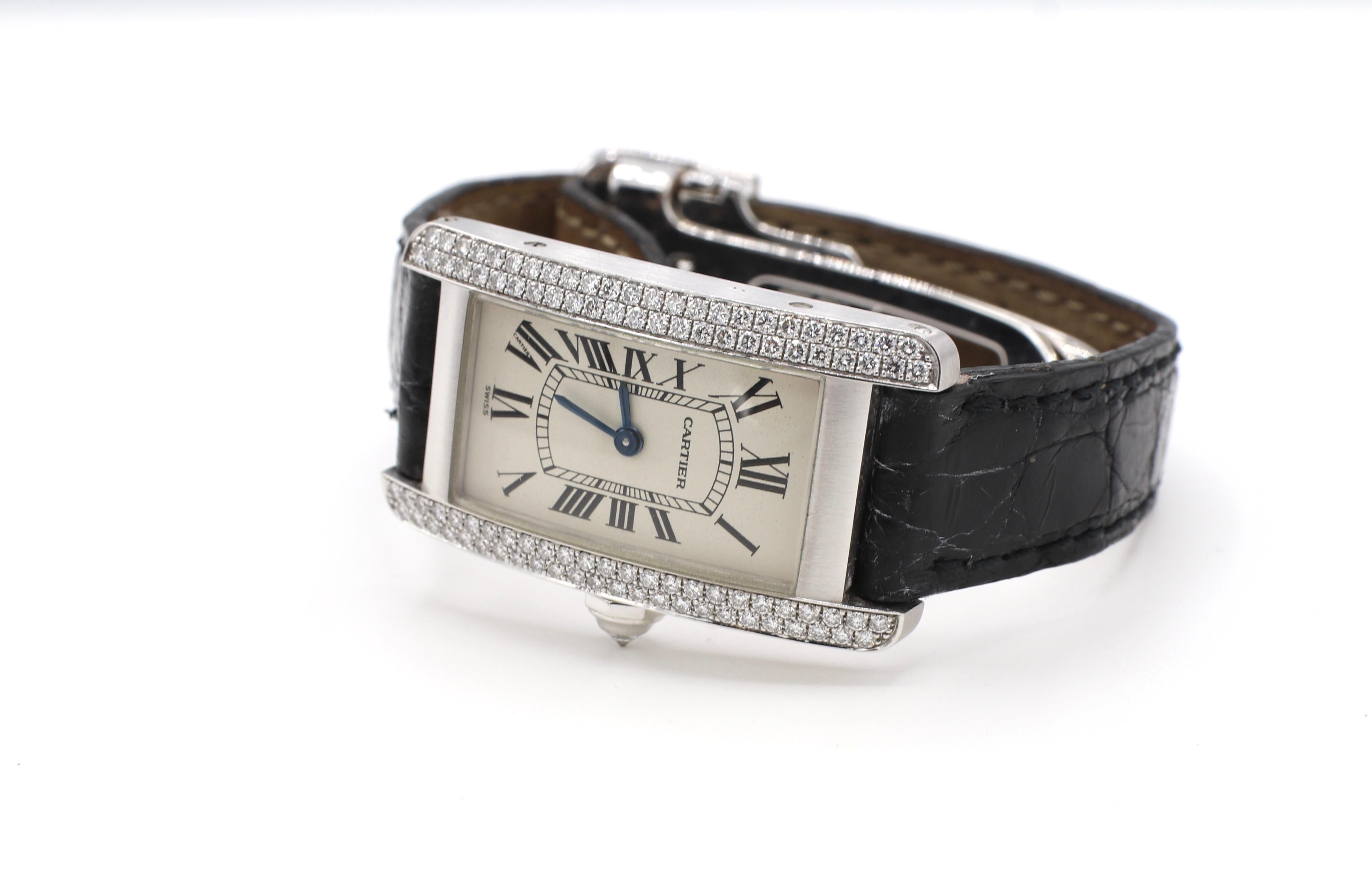 Women's or Men's Cartier Tank Americaine 1713 18 Karat White Gold Diamond Leather Strap Watch