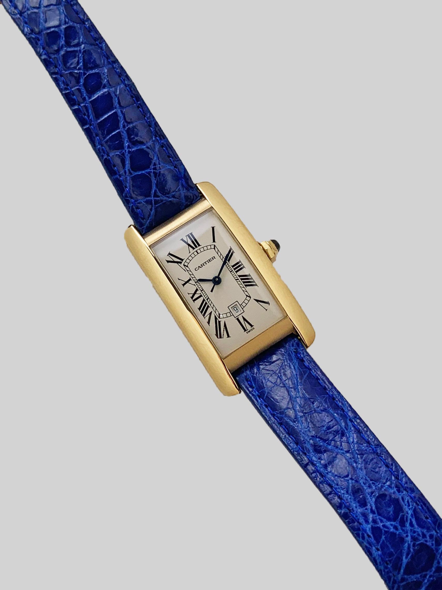 Cartier 18K Yellow Gold Tank Americaine Automatic Watch
Cartier Classic Roman Numeral Dial
Signed and Engraved Case-Back
Signed Cartier Leather Strap
23mm x 42mm
Original Signed Cartier 18K Yellow Gold Deployment Clasp
One Year Warranty on Movement