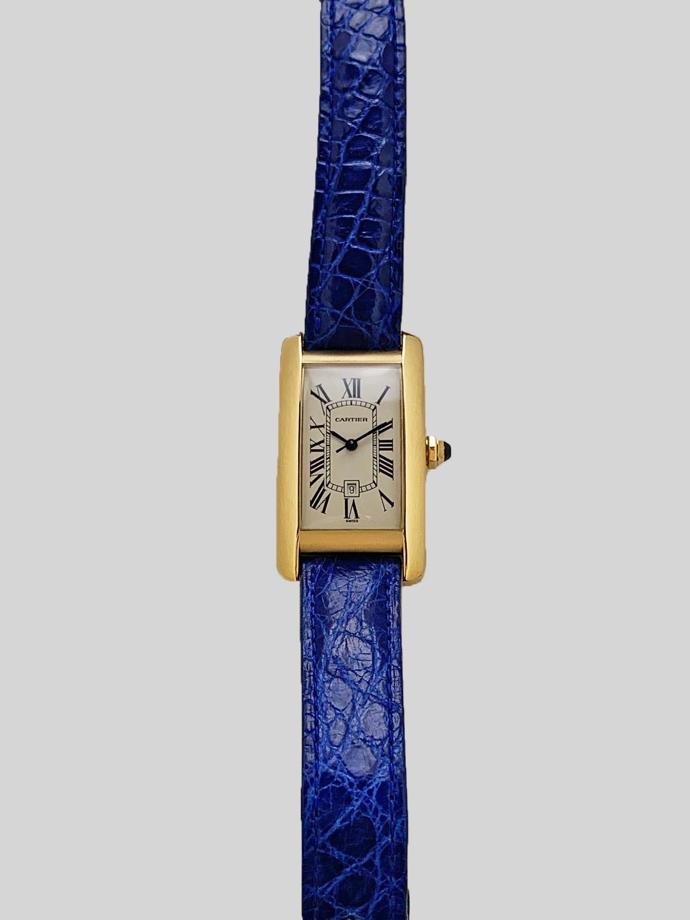 Women's Cartier Tank Americaine 18 Karat Yellow Gold Automatic Watch For Sale