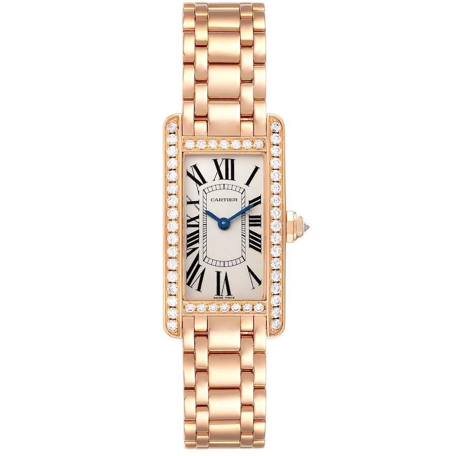 Cartier Tank Americaine 18K Rose Gold Diamond Ladies Watch WB7079M5. Quartz movement. 18K rose gold case 19.00 x 35.0 mm. Circular grained crown set with faceted diamond. . Scratch resistant sapphire crystal. Silvered grained dial with black roman