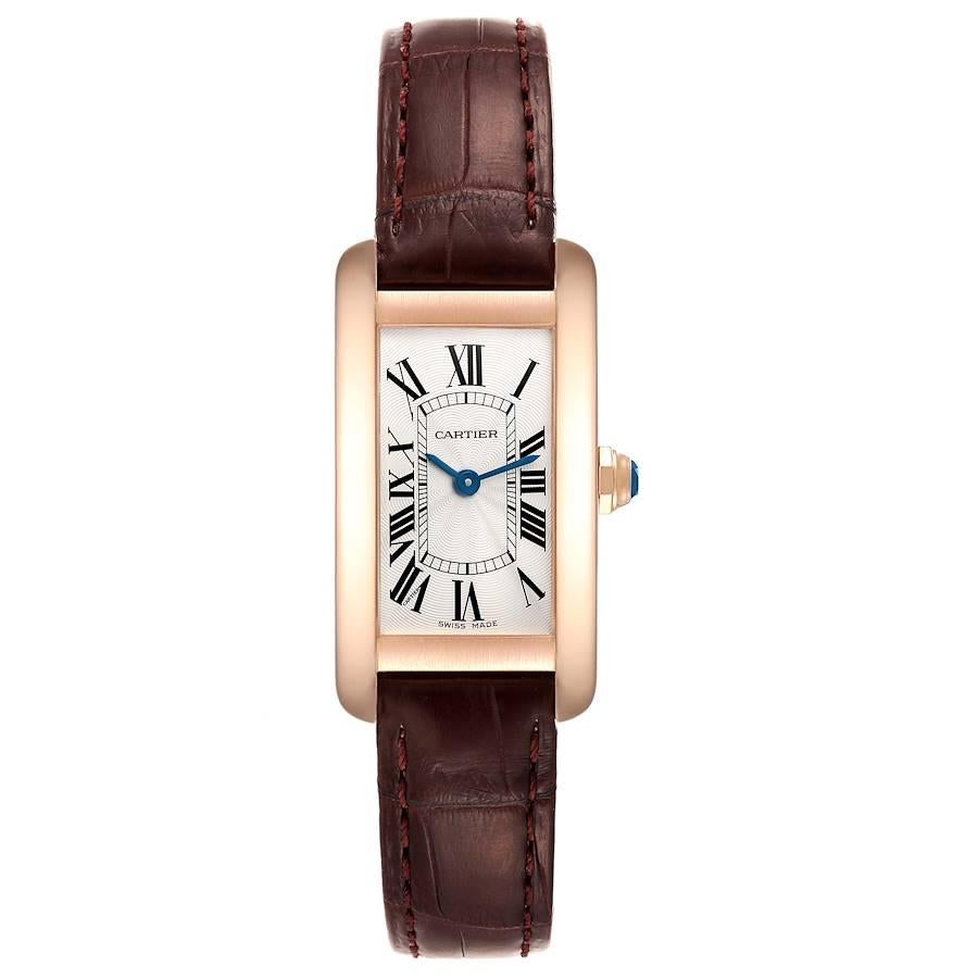 Cartier Tank Americaine 18K Rose Gold Silver Dial Ladies Watch W2607456. Quartz movement. 18K rose gold case 19.0 x 35.0 mm. Circular grained crown set with blue faceted sapphire. . Scratch resistant sapphire crystal. Silvered grained dial with