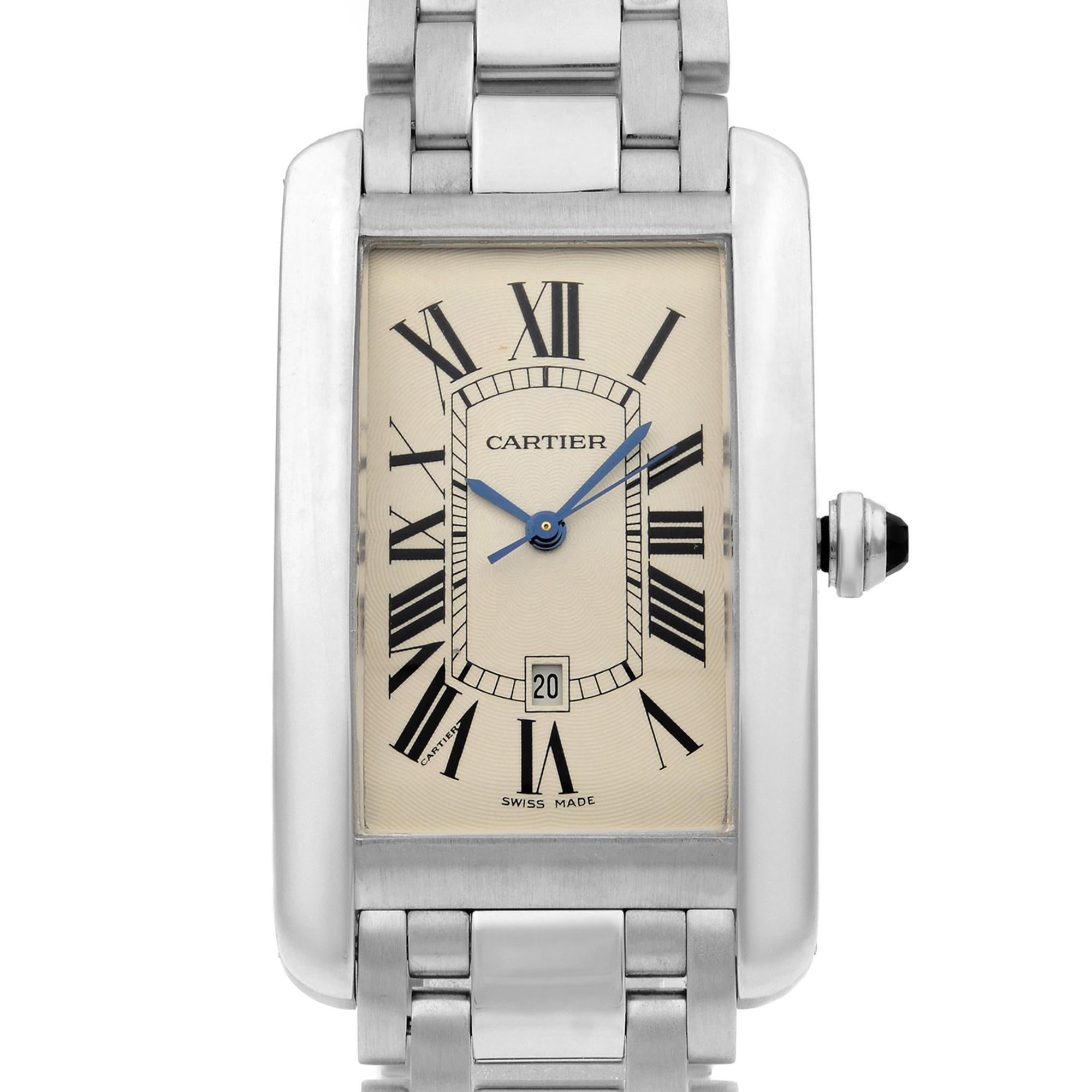 This pre-owned Cartier Tank W2605511 is a beautiful men's timepiece that is powered by mechanical (automatic) movement which is cased in a white gold case. It has a rectangle shape face, date indicator dial and has hand roman numerals style markers.