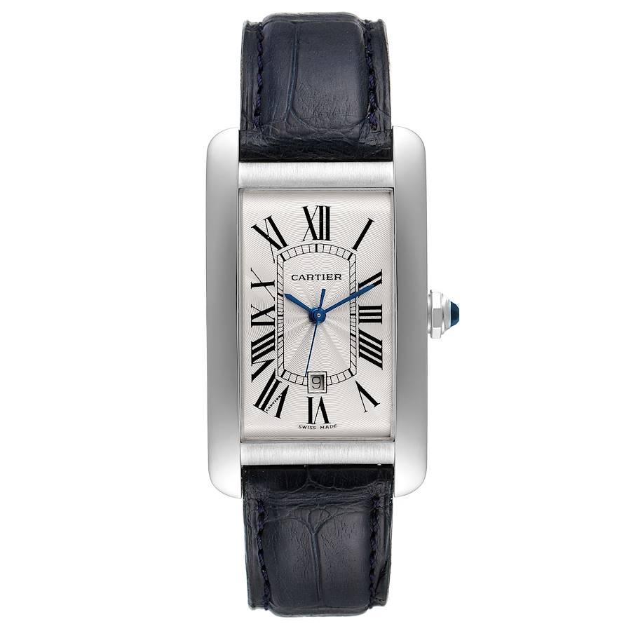 Cartier Tank Americaine 18K White Gold Large Silver Dial Mens Watch W2603256. Automatic self-winding movement. 18K white gold case 26.6 x 45.1 mm. Circular grained crown set with faceted blue sapphire. . Scratch resistant sapphire crystal. Silvered