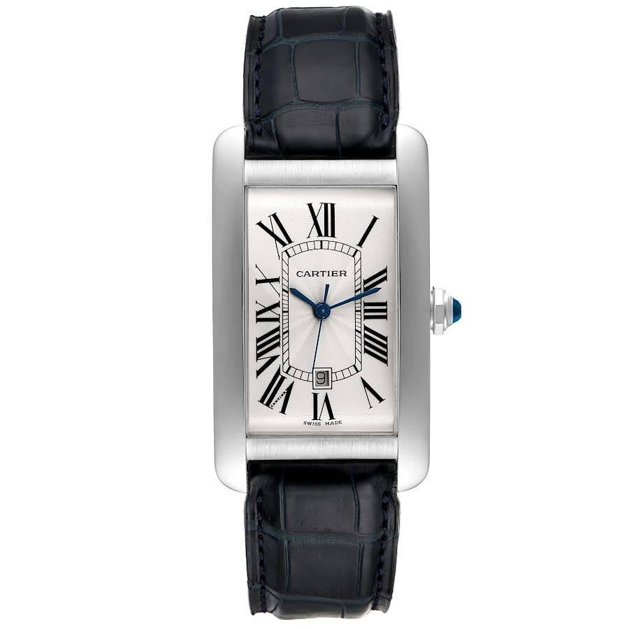 Cartier Tank Americaine 18K White Gold Large Silver Dial Mens Watch W2603256. Automatic self-winding movement. 18K white gold case 26.6 x 45.1 mm. Circular grained crown set with faceted blue sapphire. . Scratch resistant sapphire crystal. Silvered