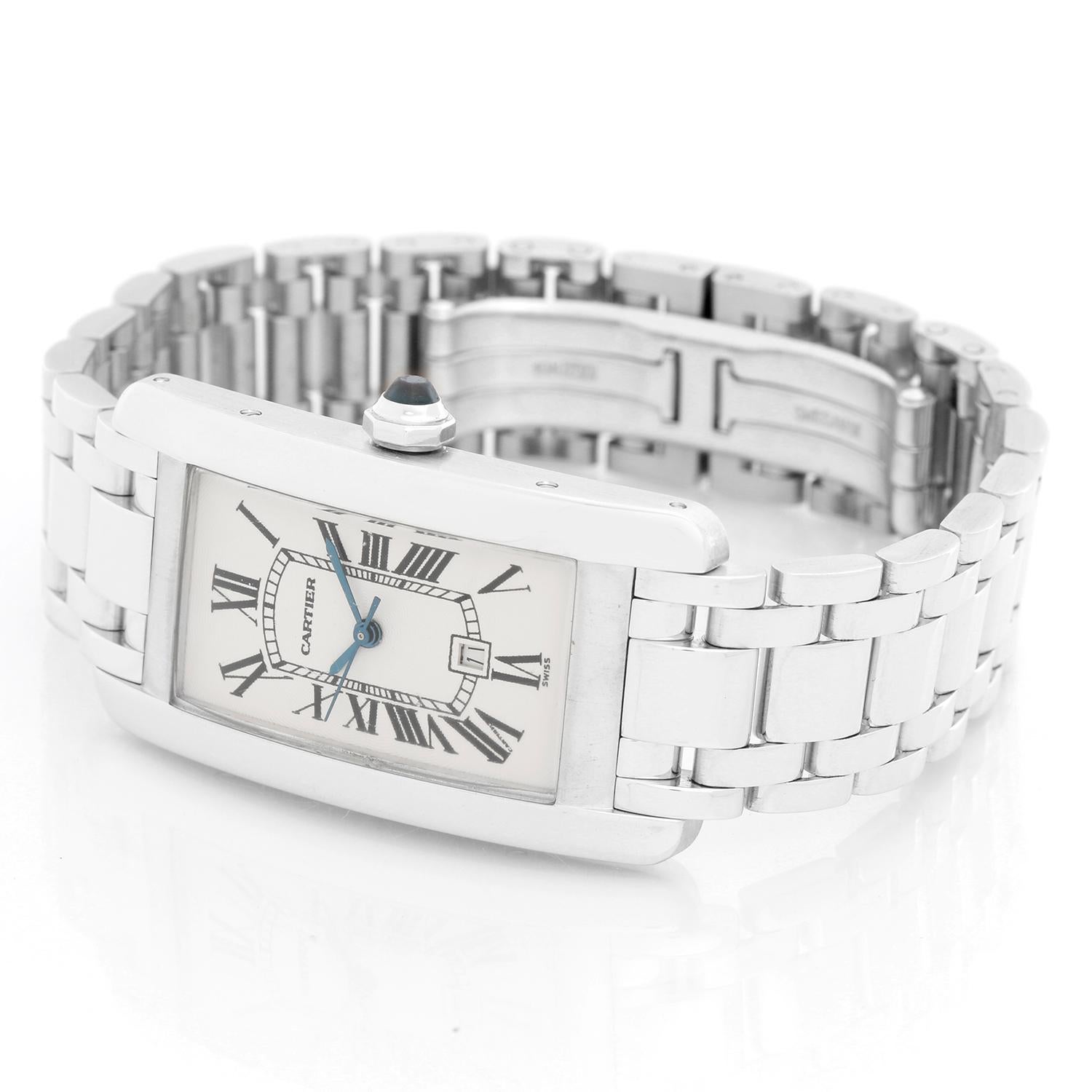 Cartier Tank Americaine 18k White Gold  Men's or Ladies Midsize Watch W26036L1 - Automatic  winding. 18k white gold case (23mm x 41mm). Ivory colored dial with black Roman numerals; date at 6 o'clock position. 18k white gold Cartier bracelet.