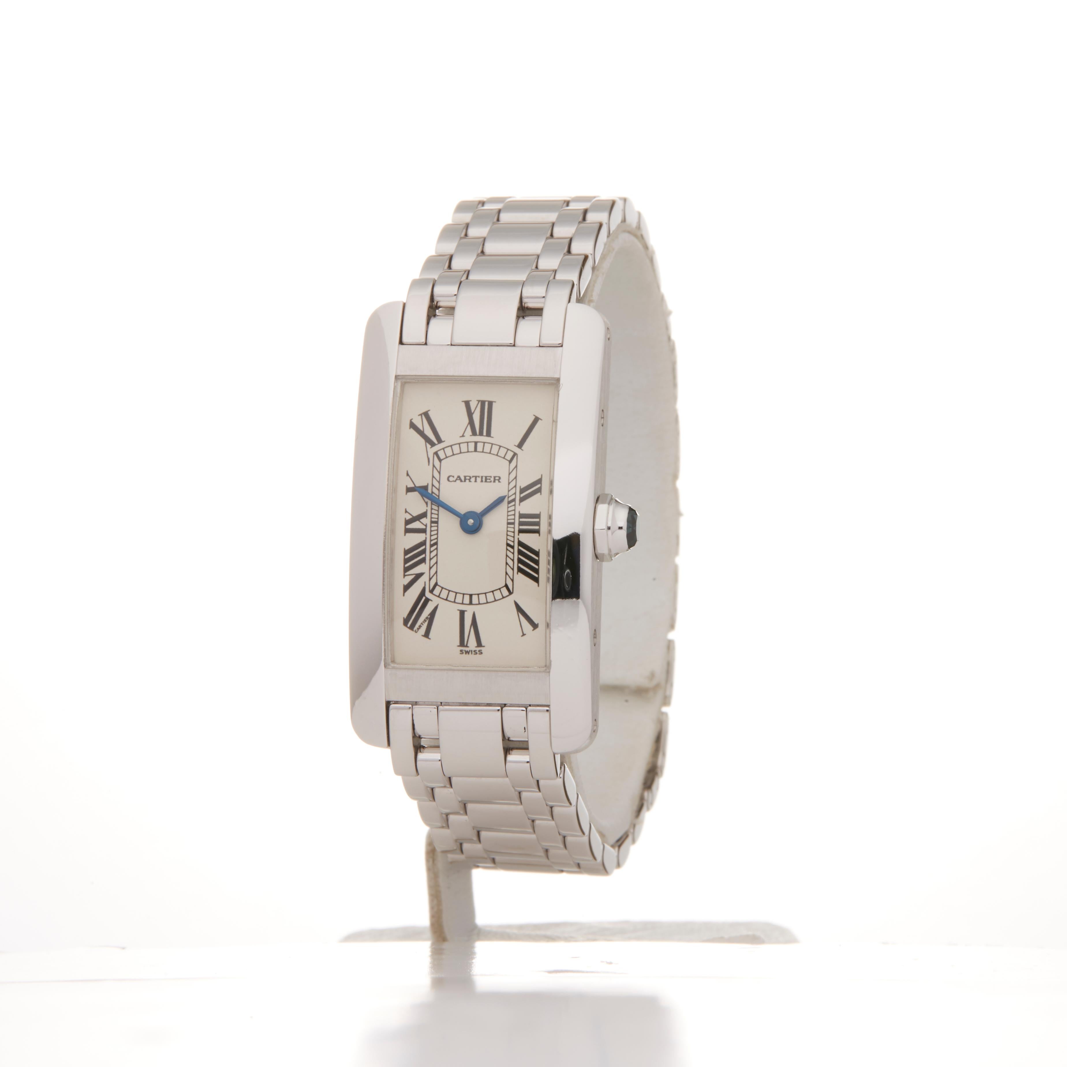 Ref: W5333
Manufacturer: Cartier
Model: Tank
Model Ref: W26019L1 or 1713
Age: 6th March 1999
Gender: Ladies
Complete With: Box, Manuals, Guarantee, Cartier Service Pouch & Cartier Service Papers Dated 3rd August 2018
Dial: White Roman 
Glass: