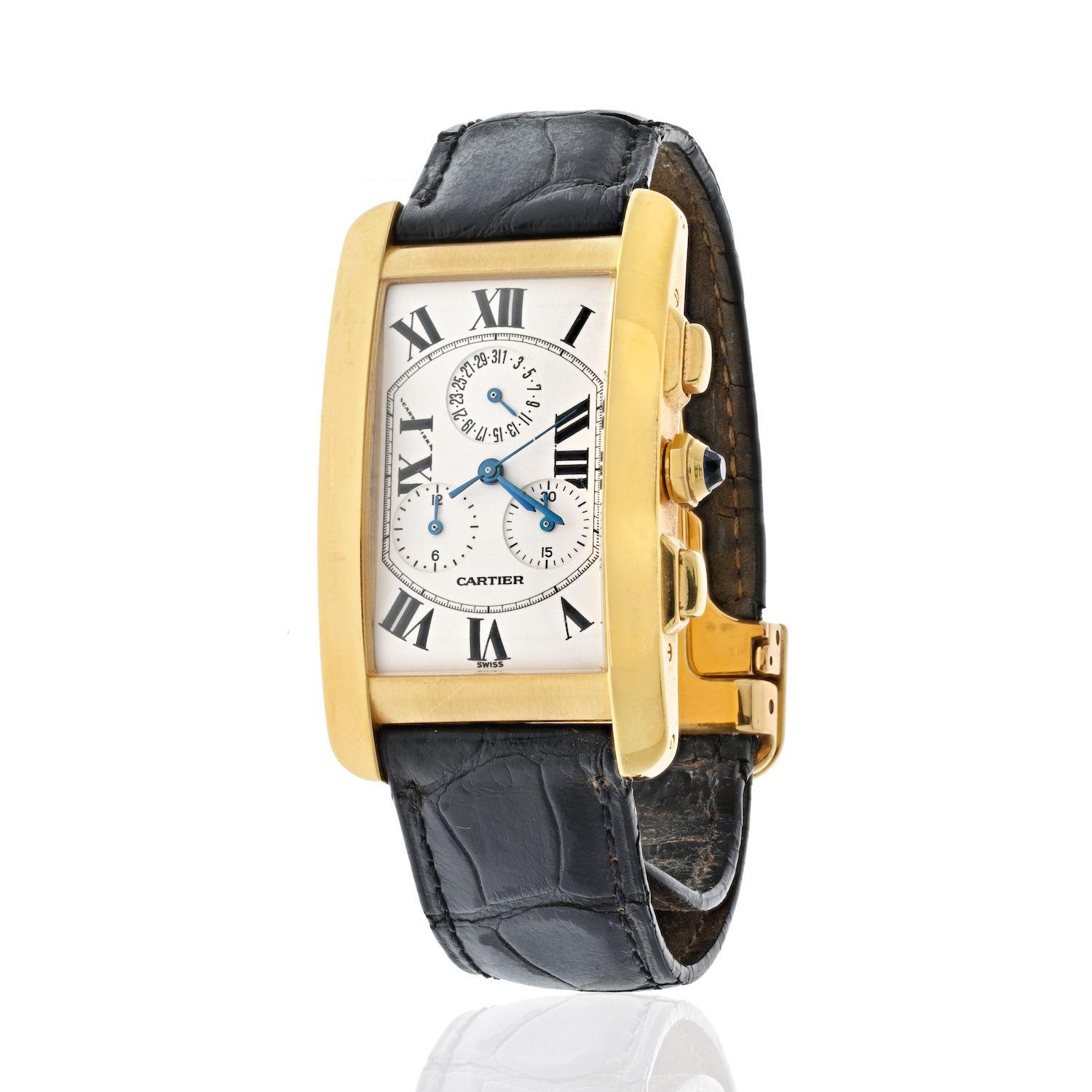 The Cartier Tank Americaine 18K Yellow Gold 1730 Watch 1730 Watch makes a great purchase for those who appreciate classic and timeless style. This watch features a classic rectangular 18K yellow gold case with a striking dial and a mechanical