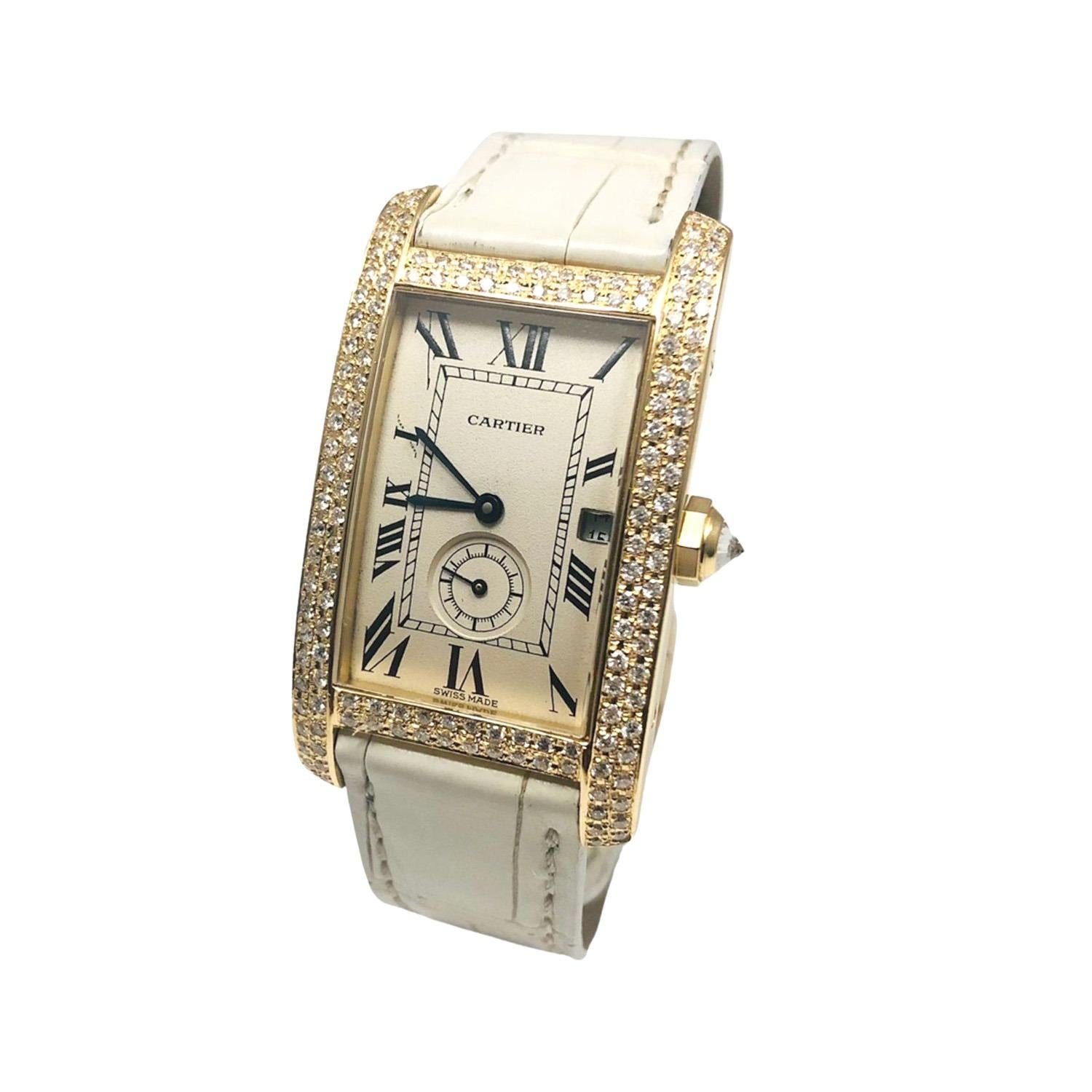 Brand: Cartier

Model Name: Tank Americaine

Model Number: 811905

Movement: Automatic

Case Size: 23 mm

Case Back: Closed

Case Material: Yellow Gold

Bezel: Yellow Gold/Diamonds

Dial: White

Bracelet: White Leather Strap

Hour Markers: Roman