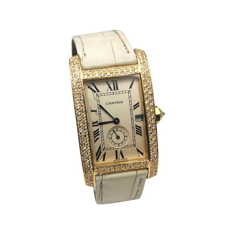 Round Cut Cartier Tank Americaine 18k Yellow Gold Diamond Case Ref. 811905 For Sale