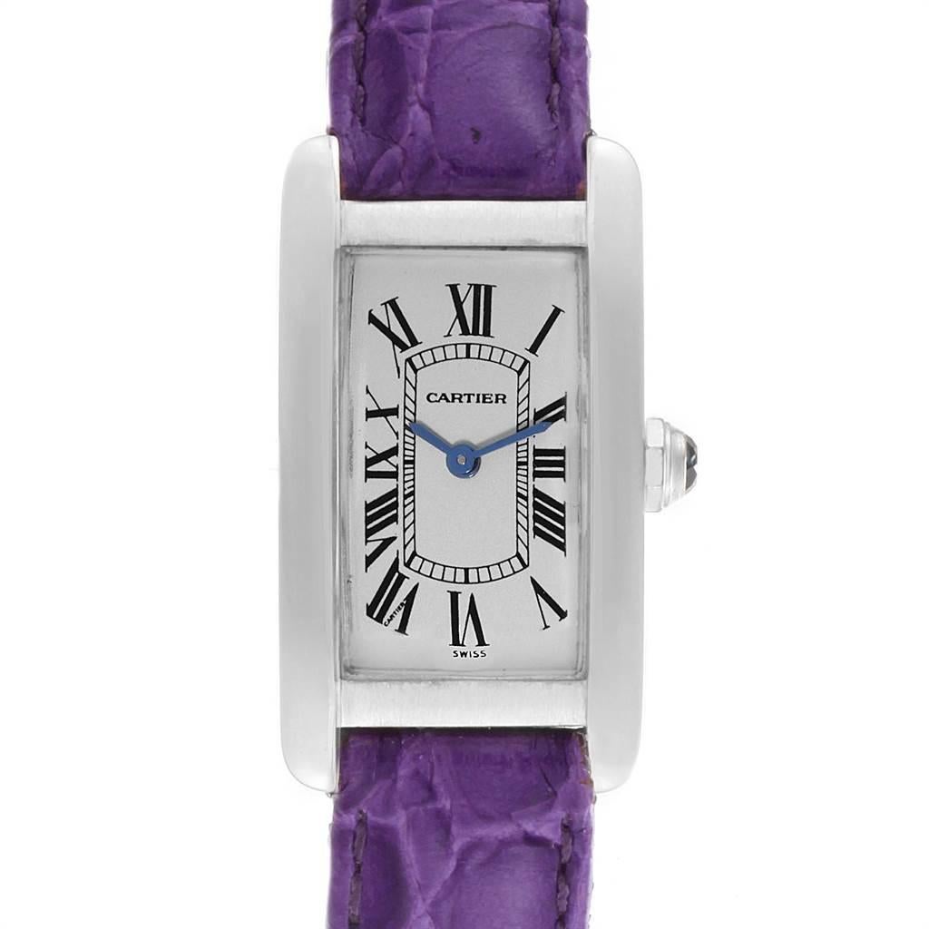 Cartier Tank Americaine 18K White Gold Ladies Watch W2601556. Quartz movement. 18K white gold case 19.0 x 35.0 mm. Circular grained crown set with faceted blue sapphire. Scratch resistant sapphire crystal. Silvered grained dial with black roman